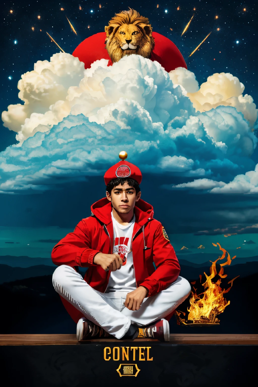 A young man with two monkey tail, a red cap,a white jacket and black jeans. With a staff, and a little lion on fire. Sitting in a cloud out of the sky.