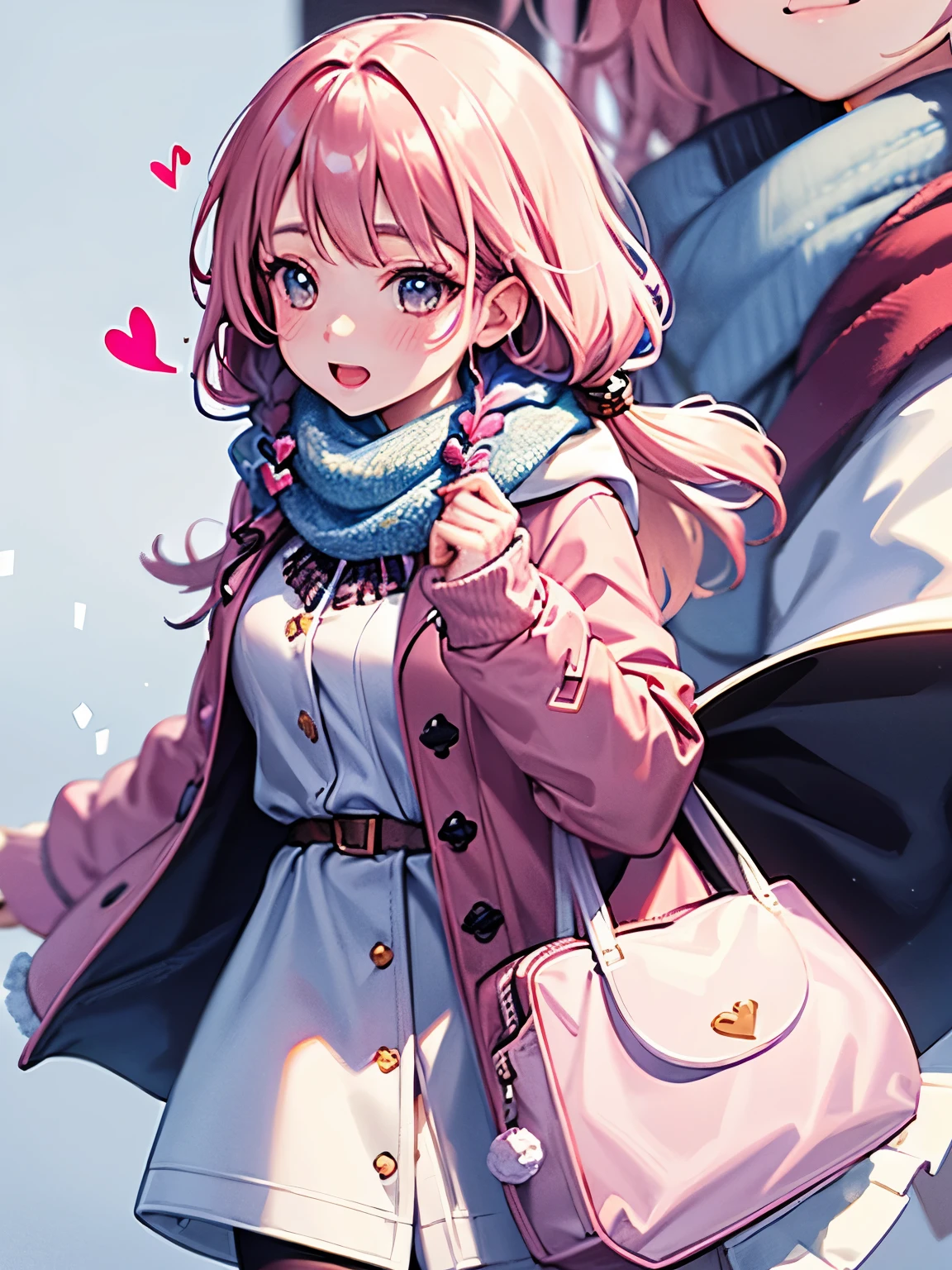 girl,((♡)),((flying Heart's)),((snow view background:1.3)),(Fancy World),((Colorful and casual winter clothes)),(close up of face),