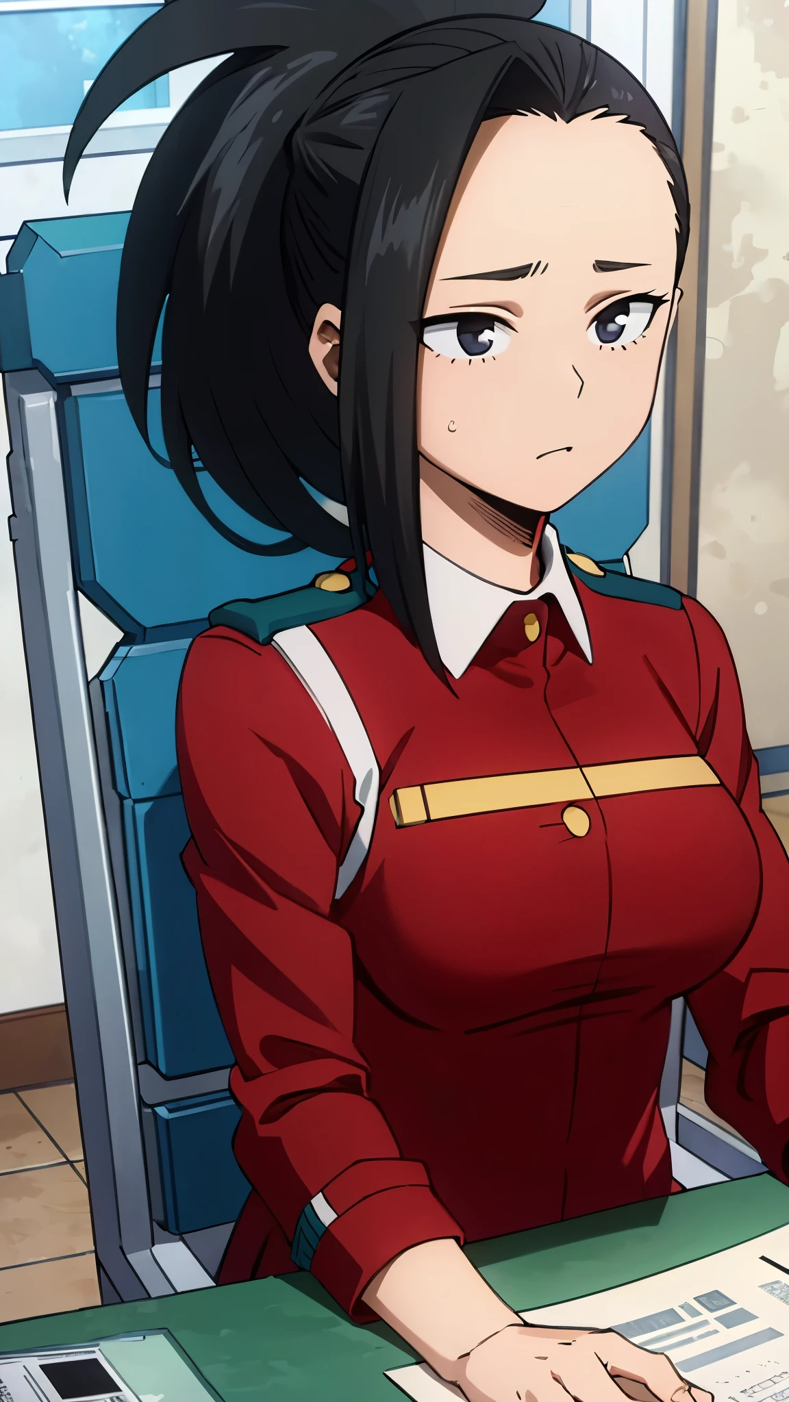 masterpiece, best quality, yaoyorozu momo, 1girl, closeup, black eyes, black hair,  ponytail, long hair, hair pulled back, medium breasts, school uniform,solo, lookinset on chair, studying 