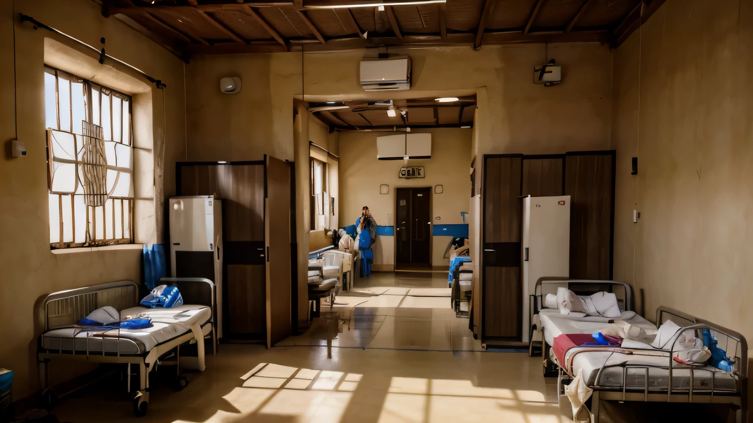 Craft a 4K hyper-realistic image of the inside view of a hospital ward with many patients in an african town