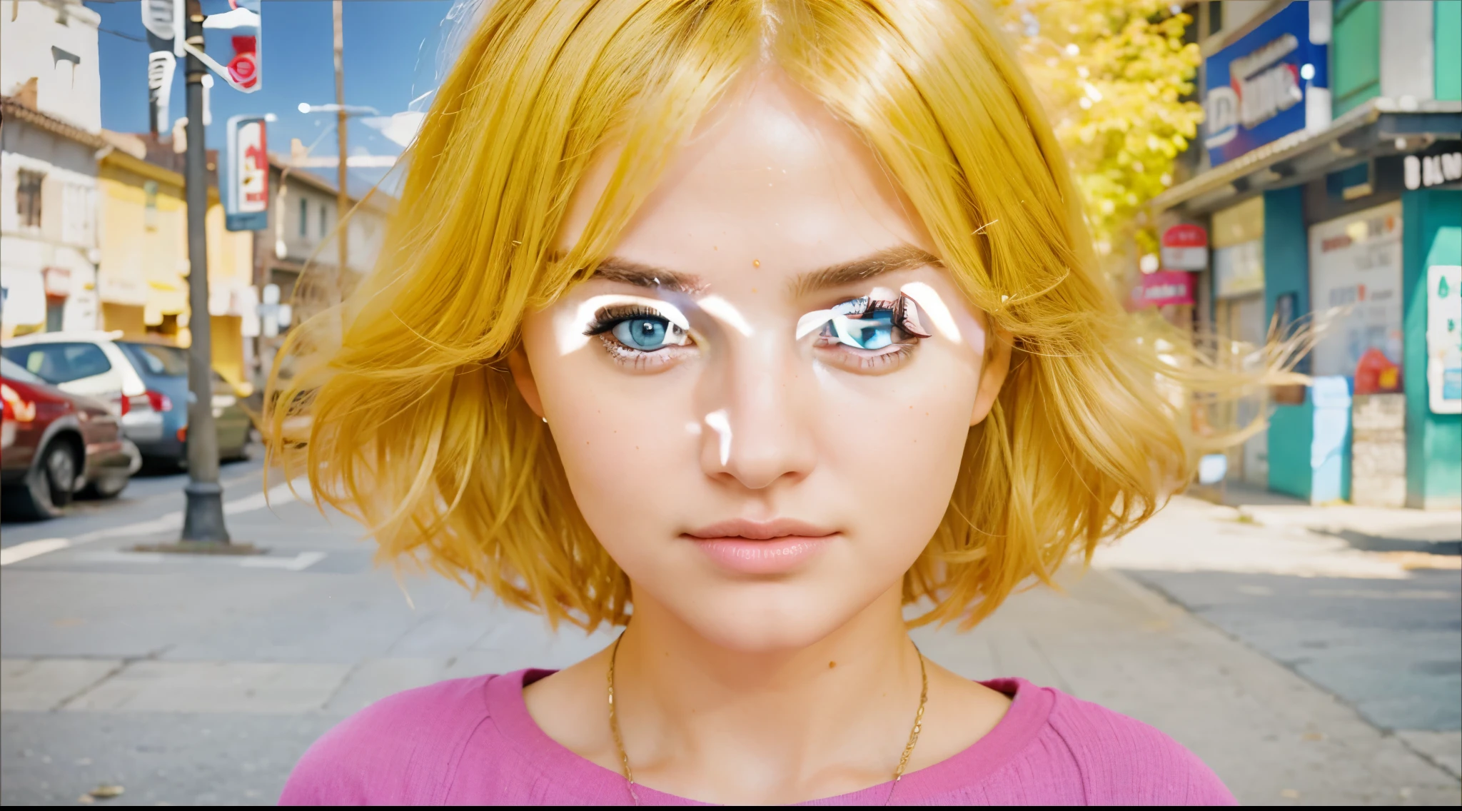 adult women, blonde hair, blue eyes, brown eyebrows, pink shirt, streets, imagine photorealistic portrait, extremely detailed, hyperrealism, 4k resolution, cinematic scene.