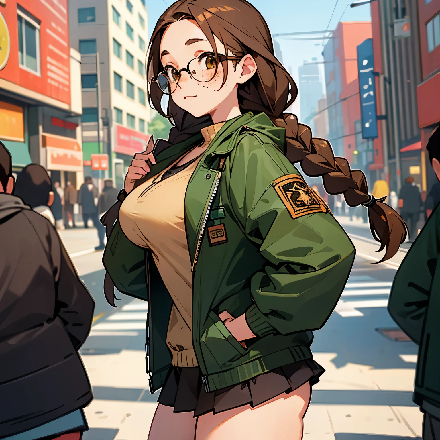 1girl, detailed face, detailed eyes, brown hair, twin braids, brown eyes, glasses, (freckles;1.5), large breasts, large ass, green jacket, miniskirt, outdoors, city