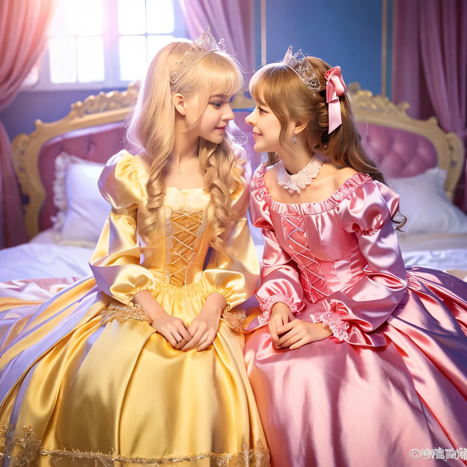,highest quality, masterpiece, highest resolution, artwork, super それにget used to it, many get used to it, get used to it, それにget used to it, 3K realistic photos,,(( At the age of 10)),Super detailed baby face,She is a princess,Full length ball gown dress with hoop skirt,ruffled yoke collar,puff sleeves,long sleeve,((ta style hot pink detailed princess satin dress、Comes with lots of frills and ribbons。)),crazy'colorful fashion,shiny satin dress,Soft and smooth fabric,luxury,long blonde hair,blue eyes,white skin european,pajamas,((inside the palace)),,,(( At the age of 10)),Super detailed baby face,Full length ball gown dress with hoop skirt,ruffled yoke collar,puff sleeves,腰まで伸びるlong blonde hair,blue eyes,white skin european,pajamas,((inside the palace bedroom)),Silk satin princess sitting on bed,pink canopy bed,Luxury curtains on both sides of the bed,romantic atmosphere,pink silk satin bed sheets,pink soft silk satin comforter,Soft silk satin ruffled pillow in pastel colors,Detailed pillow,