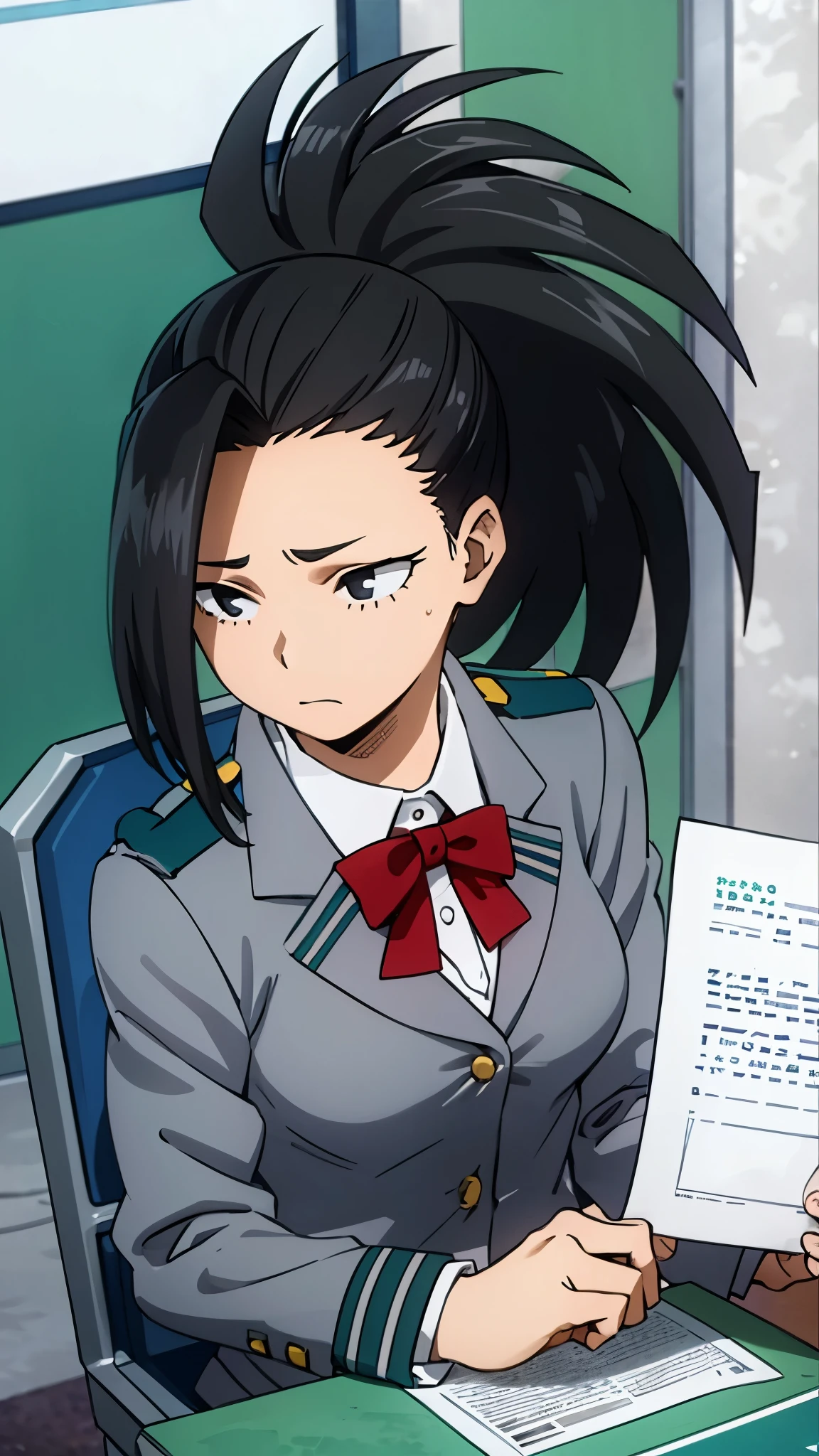 masterpiece, best quality, yaoyorozu momo, 1girl, closeup, black eyes, black hair,  ponytail, long hair, hair pulled back, medium breasts, school uniform,solo, lookinset on chair, studying 