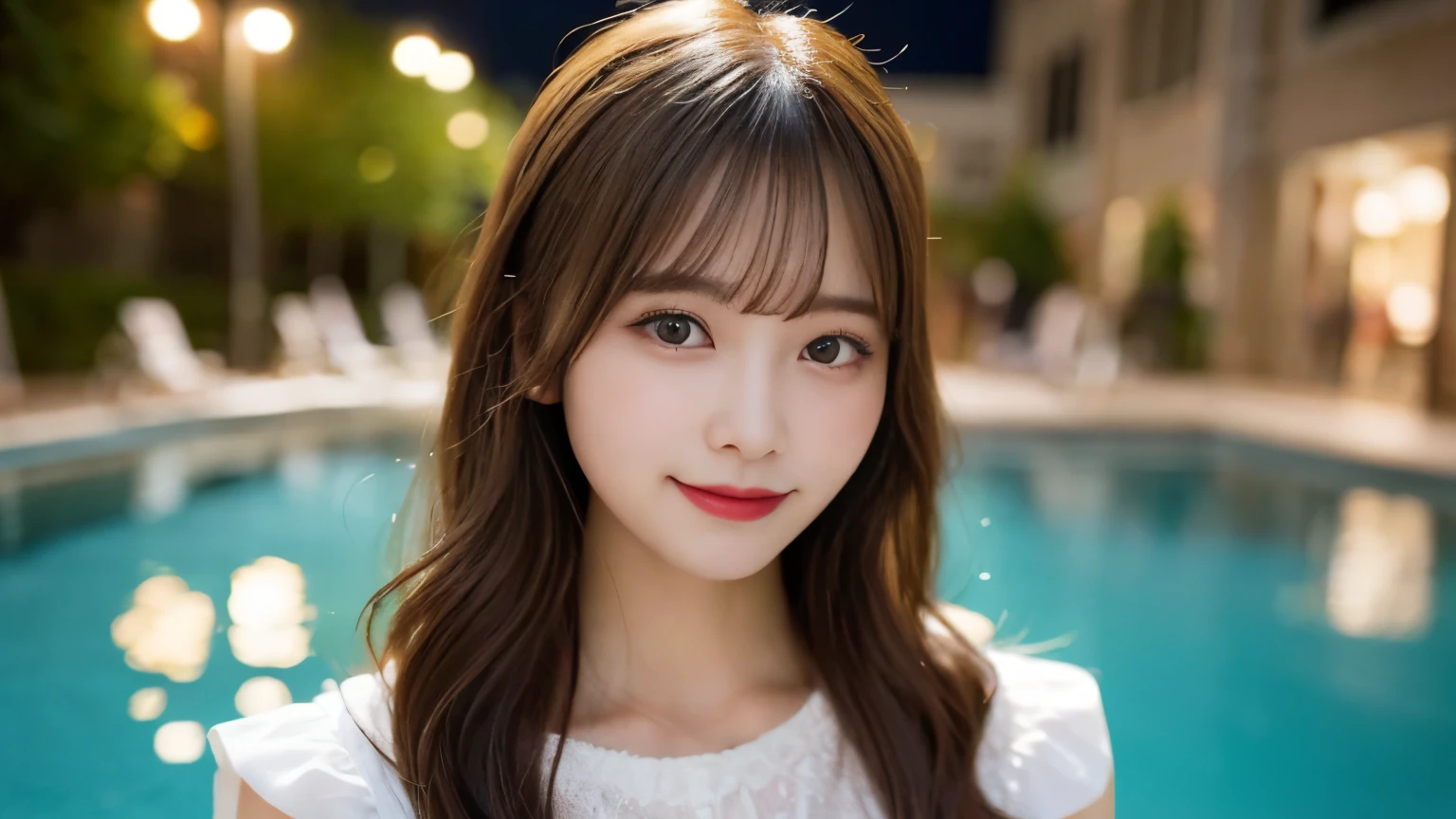 muste piece, best quality, illustration, Super detailed, fine details, High resolution, 8K Dende Wallpaper, perfect dynamic composition, beautiful detailed eyes, she is wearing a white dress,medium hair,natural color lip, shy smile,Harajuku style、20 year old girl、There is only one person, bust up photo、Correct posture、stretch your back、Never show your hands、Hands are not reflected、Stand up straight、cute type、looking at camera、C Cup、golden hair、Don't touch it、Blurry night pool background