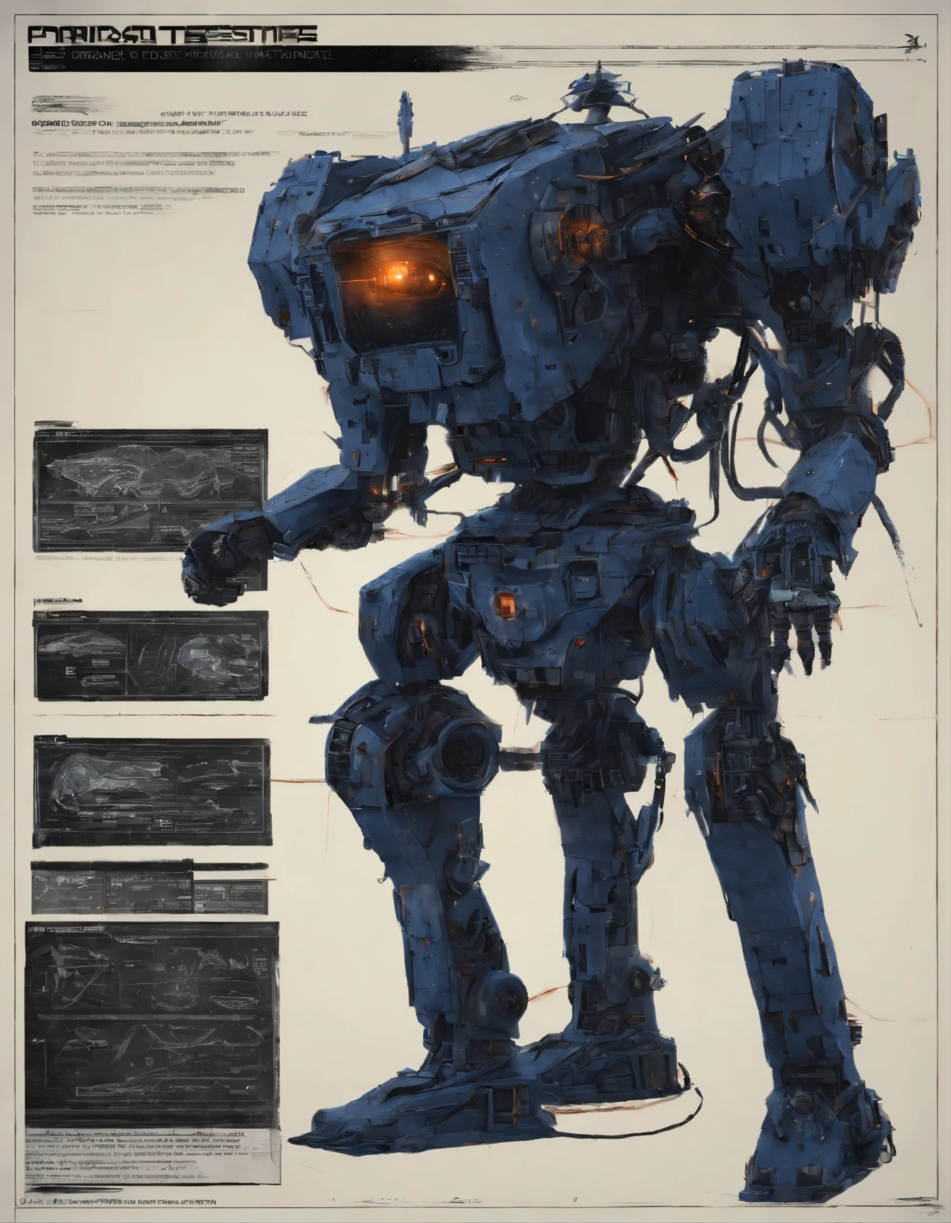 robot gigante estilo battletech, robot mecha humanoide, (Organic design:1.4), (Colores vivos azules y naranja oscuro:1.3), It has the number 4 painted. Fondo: amplio hangar para naves espaciales, (obra maestra), scifi art, humo y niebla, Neon lights and light beams