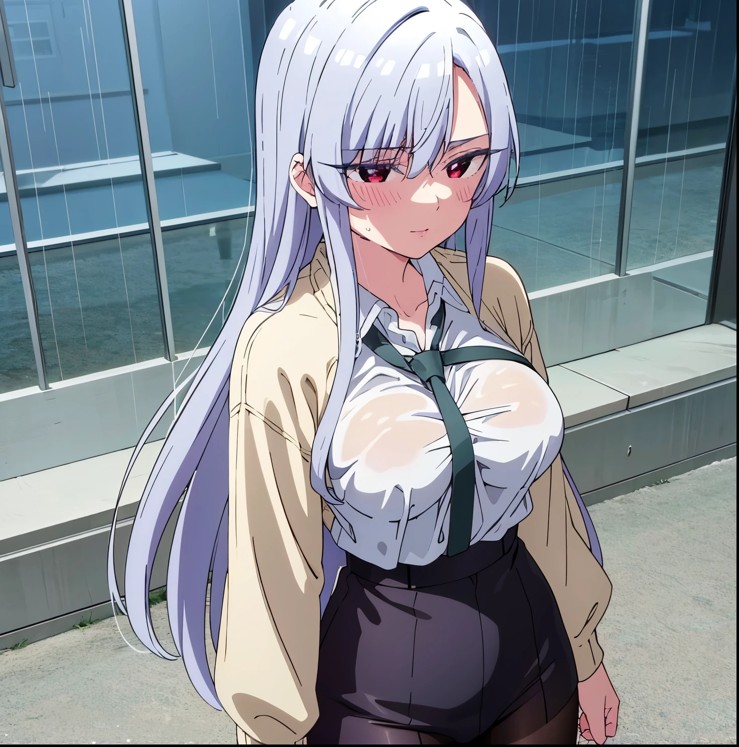 1girl, alone, nano eiai, red eyes, blue-white hair, Long hair, Collared shirt, long sleeves, sleeves folded around the elbows, White shirt, Transparent shirt, Unbuttoned shirt, underwear, black bra, black thong, black pantyhose, sheer pantyhose, sweaty, embarrassed, makeup, smiling, seductive, big breasts, medium waist, medium hips, wide thighs, room, bedroom, window, good lighting, urban area, street, standing, wind, levitated hair , 1 girl, (Masterpiece), (high resolution), (8k), (extremely detailed), (4k), (Pixiv), Perfect face, beautiful eyes and face, (Best quality), (super detailed) , Detailed face and eyes, (Only), textured skin, absurd, high resolution (wet clothes, transparent: 1.2), (White shirt), Wet, closed mouth, smile, Cityscape, (gray sky, rain: 1.3) , excellent hands, excellent anatomy