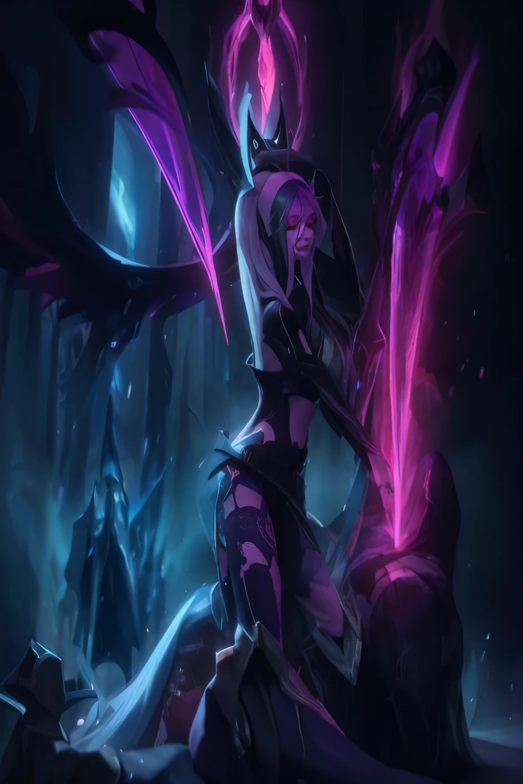 a woman with pink hair and purple clothes is sitting on a bed, azar arcano, Personagem de League of Legends, Estilo de League of Legends, estilo liga das lendas, fuchsia skin below the armor, samira da liga das lendas, leblanc, fuchsia skin beneath the armor, liga das lendas arcano, Arcano de League of Legends, da liga das lendas