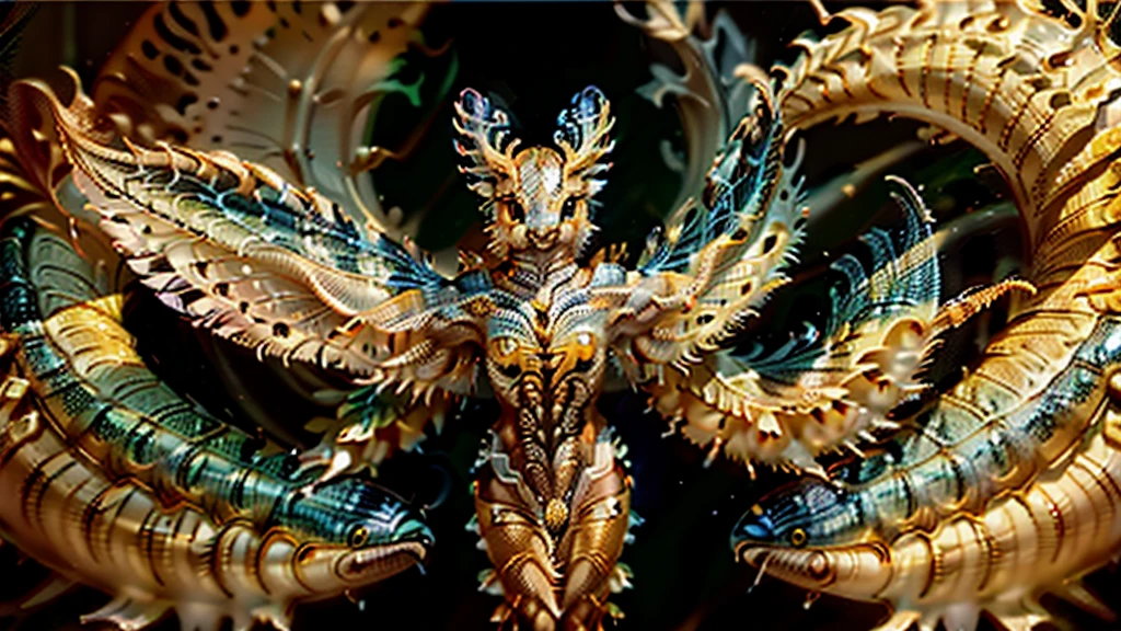 (best quality,4k,8k,highres,masterpiece:1.2),ultra-detailed,(realistic,photorealistic,photo-realistic:1.37),a spectacular magical creature,small in size,very striking and expressive eyes,translucent and shiny skin,dazzling colors,glimmering in the sunlight,flying gracefully in the air,magical aura surrounding it,ethereal and enchanting presence,delicate and intricate wings,subtle gradients of vibrant colors,patterned with intricate designs,reflecting its mystical nature,fine scales covering its body,sparkling with iridescent hues,graceful and elegant movements,as if dancing in the wind,elongated body with a sinuous shape,majestic horns adorning its head,Amidst a serene and magical forest,with ancient trees and vibrant foliage,bathed in soft golden light,creating a dreamlike atmosphere,whispers of magic filling the air