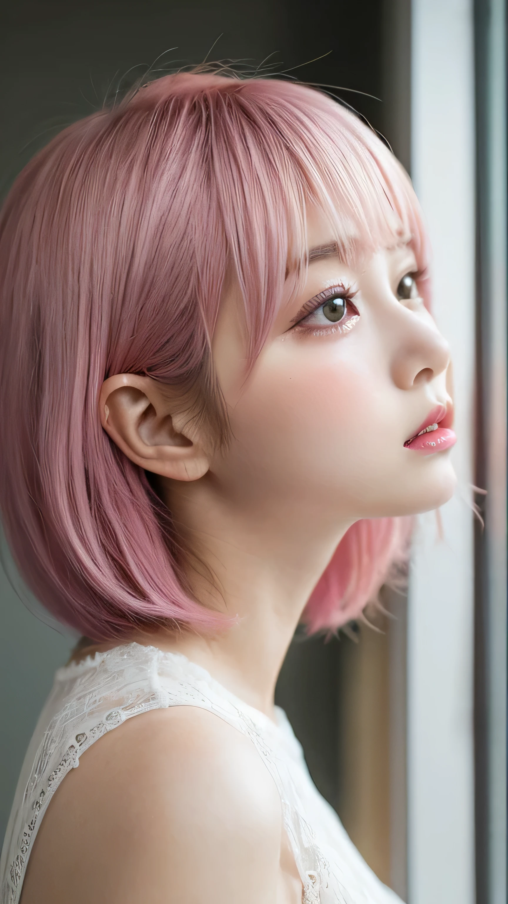 pieces fly, highest quality, figure, Super detailed, small details, High resolution, 8K,wallpaper, 完璧なダイナミックな構figure, beautiful and fine eyes, white camisole,short bob hair、pink hair color,Big Natural Color Lip, bold sexy pose,crying face、cold gaze、profile、harajuku style、20 year old girl、cute type、lolita、sleeping in bed、whole body、Feet are also visible