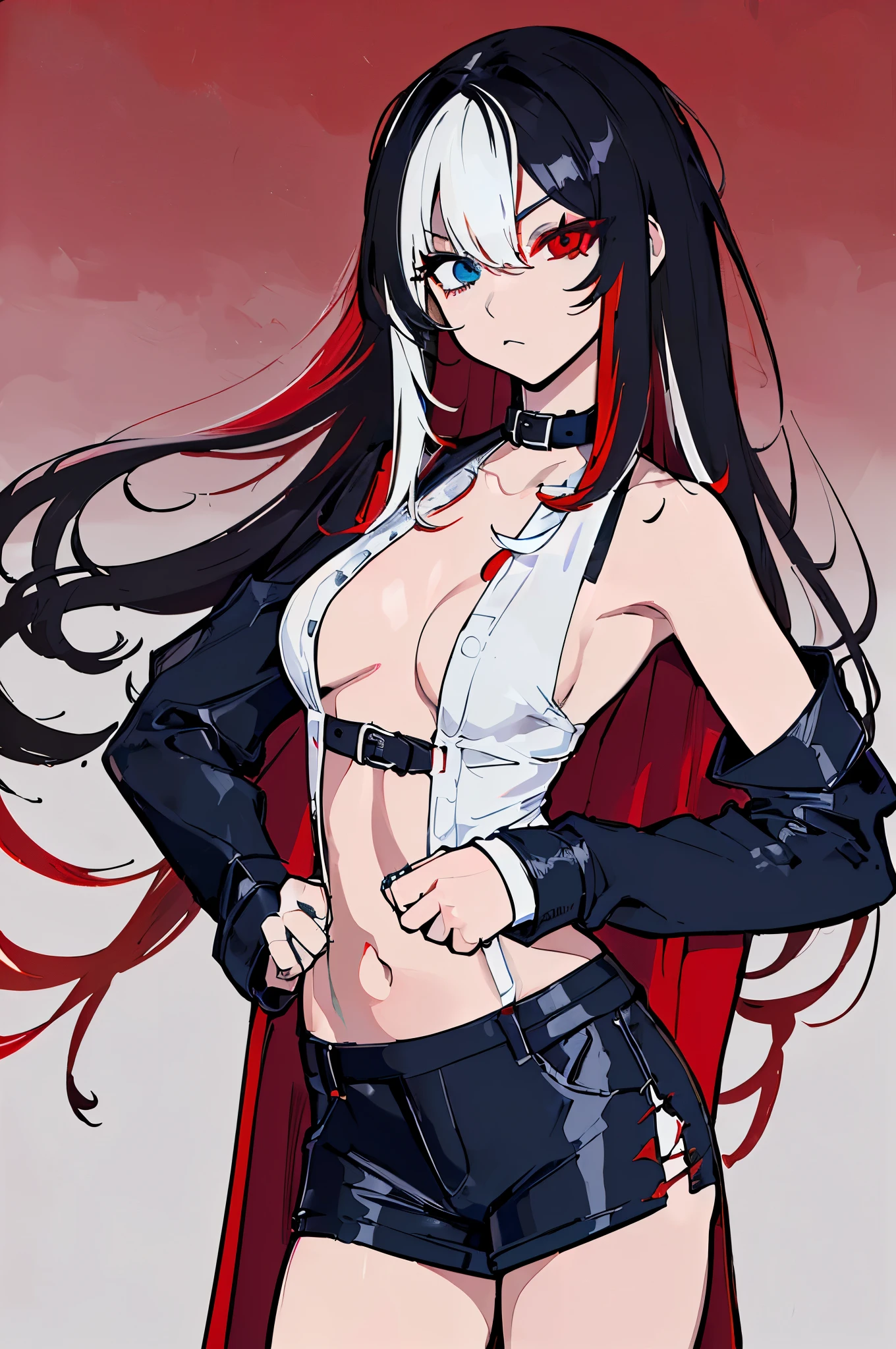 (Mejor calidad, Calidad de imagen superior, 8k, obra maestra, animado) (Solo) (negro hair with rojo and white highlights:2.5, cabello muy largo y suelto), (heterochromia eyes rojo and blue:1.4), muslos gruesos, (pechos enormes), Muscular, (Athletic:1.3), (Leotardo transparente, pierna de corte alto, enterizo, rojo, negro, escote), (chaqueta, negro:1.3, rojo, guantelete, Aspecto de callejero, Cuerpo tonificado, (Solo) 1 mujer (30 years), sexy, (campo de pasto al fondo
)