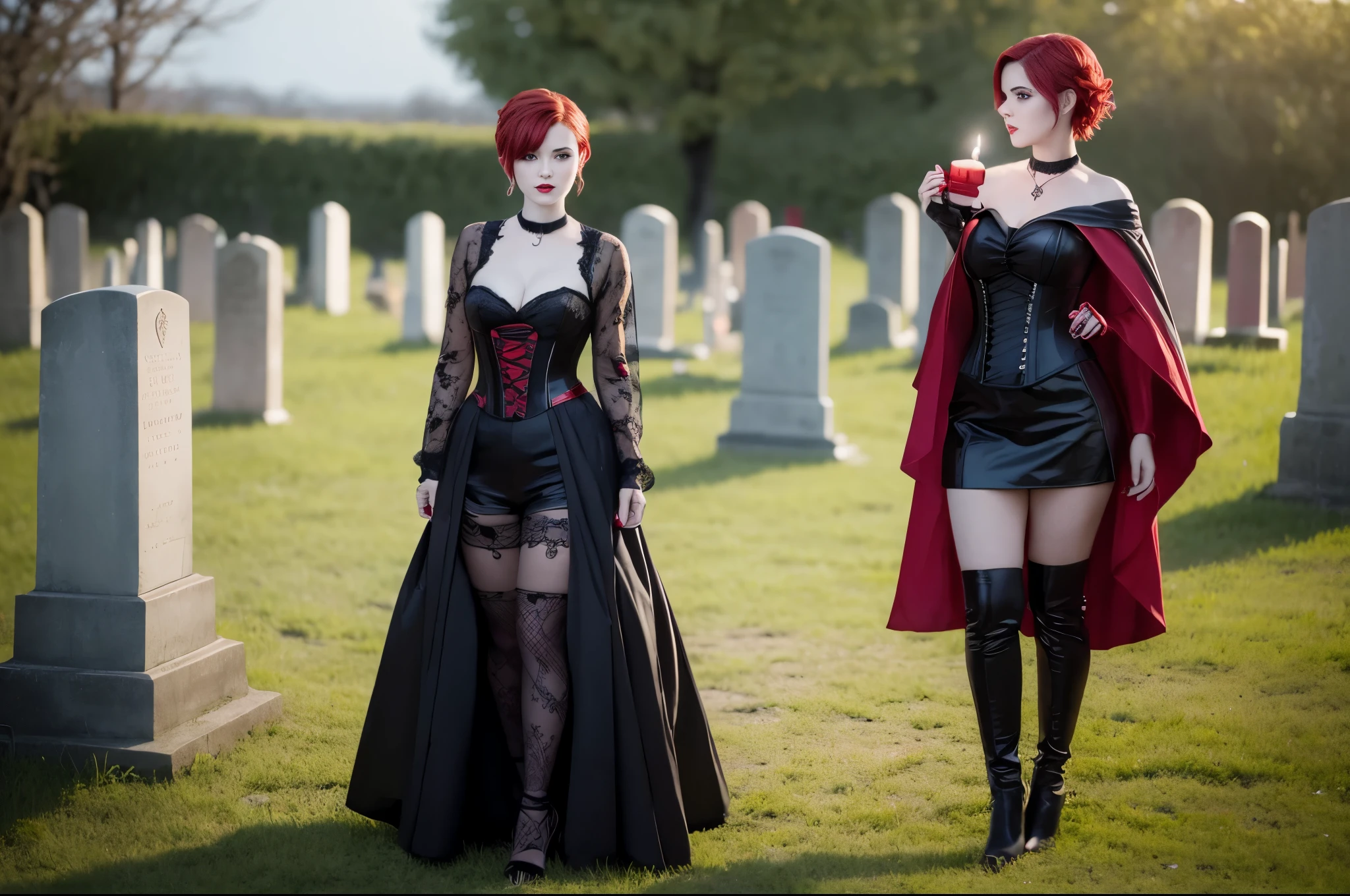 Beautiful 20 year old woman with red short hair wearing a red and black corset and black cloak, standing in a cemetery at dusk holding a candle, red lipstick, cross neckless, looking at camera, Gothic style, photo realistic, 8k