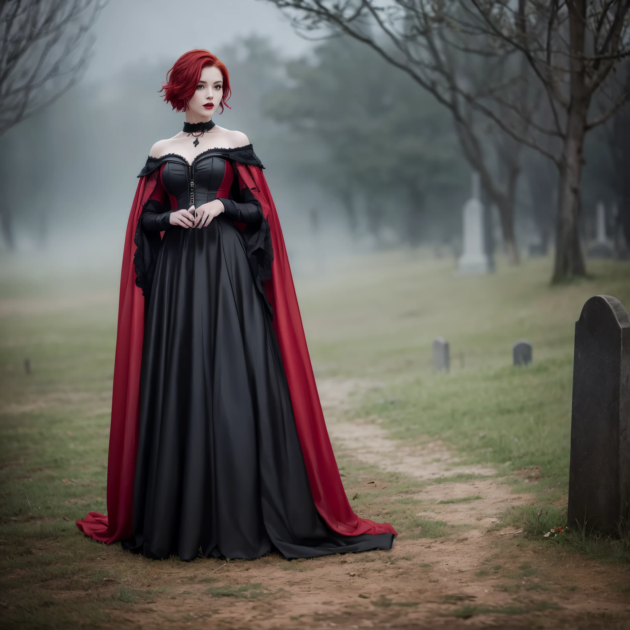 Beautiful 20 year old woman with short messy red hair wearing a red and black corset and black cloak, standing in a cemetery at night with a little fog holding a candle, red lipstick, cross neckless, looking at camera, Gothic style, photo realistic, 8k