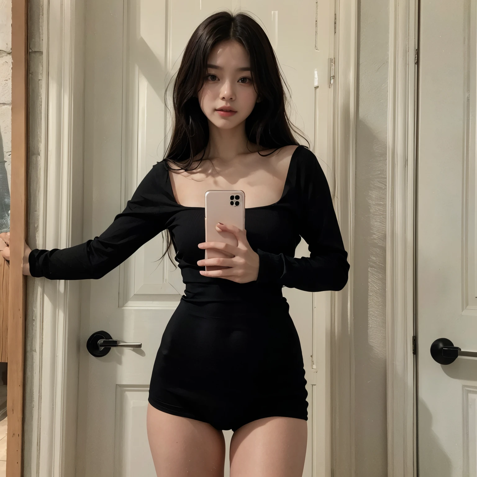 there is a woman taking a selfie in a black dress, wearing a black bodysuit, bodysuit, black bodysuit, skintight black bodysuit, thin bodysuit, wearing tight simple clothes, tight outfit, skinny waist and thick hips, pretty face with arms and legs, full body! pretty face, middle body shot, dressed in a top and shorts, joy red velvet