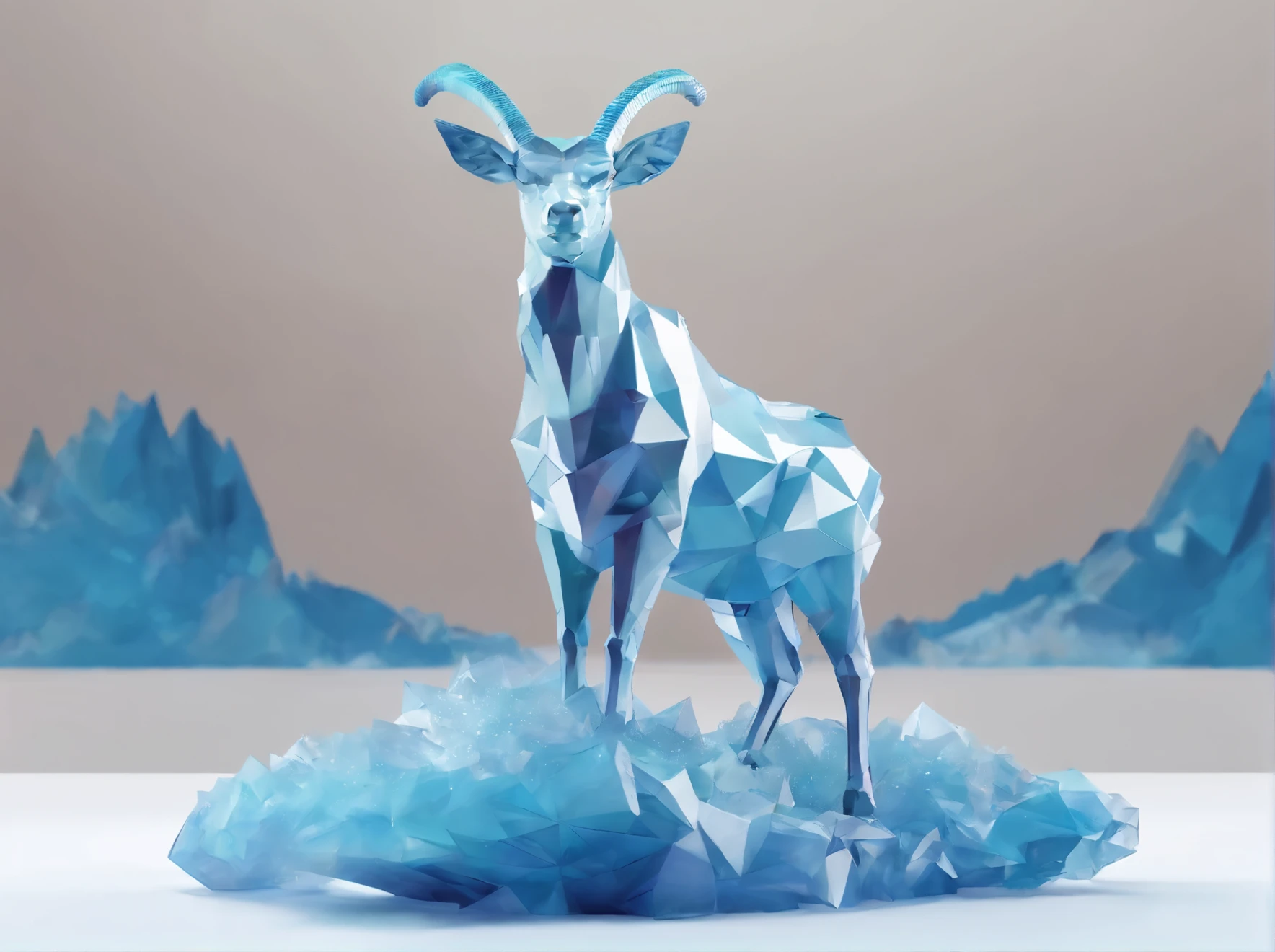 capricorn, capricorn on mountain with crystal splash, Standing position, Abstract beauty, Centered, Looking at the camera, Facing the camera, nearing perfection, Dynamic, Highly detailed, smooth, Sharp focus, 8K, high definition resolution, illustration, Art by Carne Griffiths and Wadim Kashin, blue backround, crystal reflections