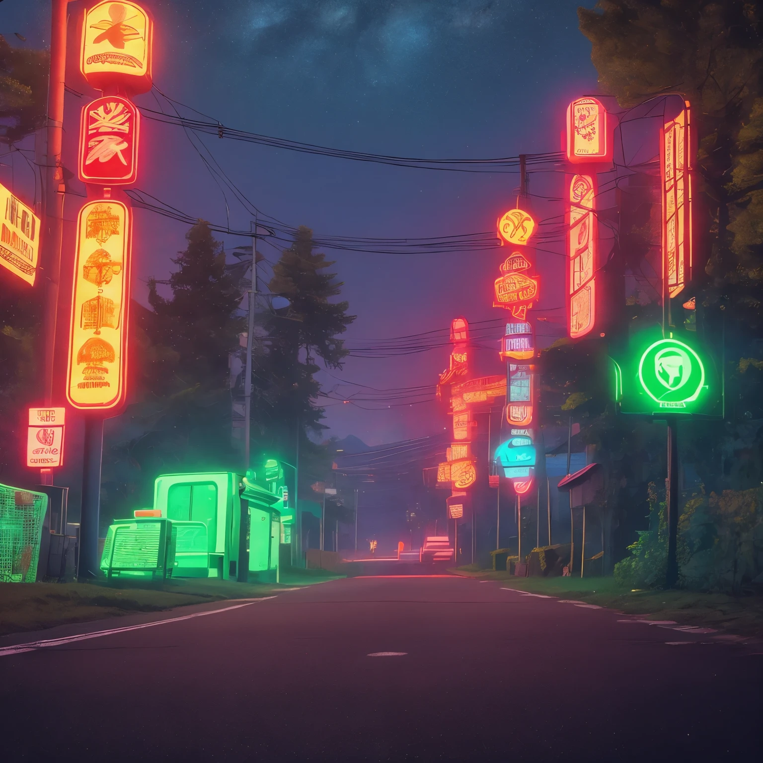 Good Retro Wave, road, nature, live mushrooms, red and yellow and green neon lights, Sun, mountain, night sky, futuristic, (masterpiece, ultra detailed, a high resolution)