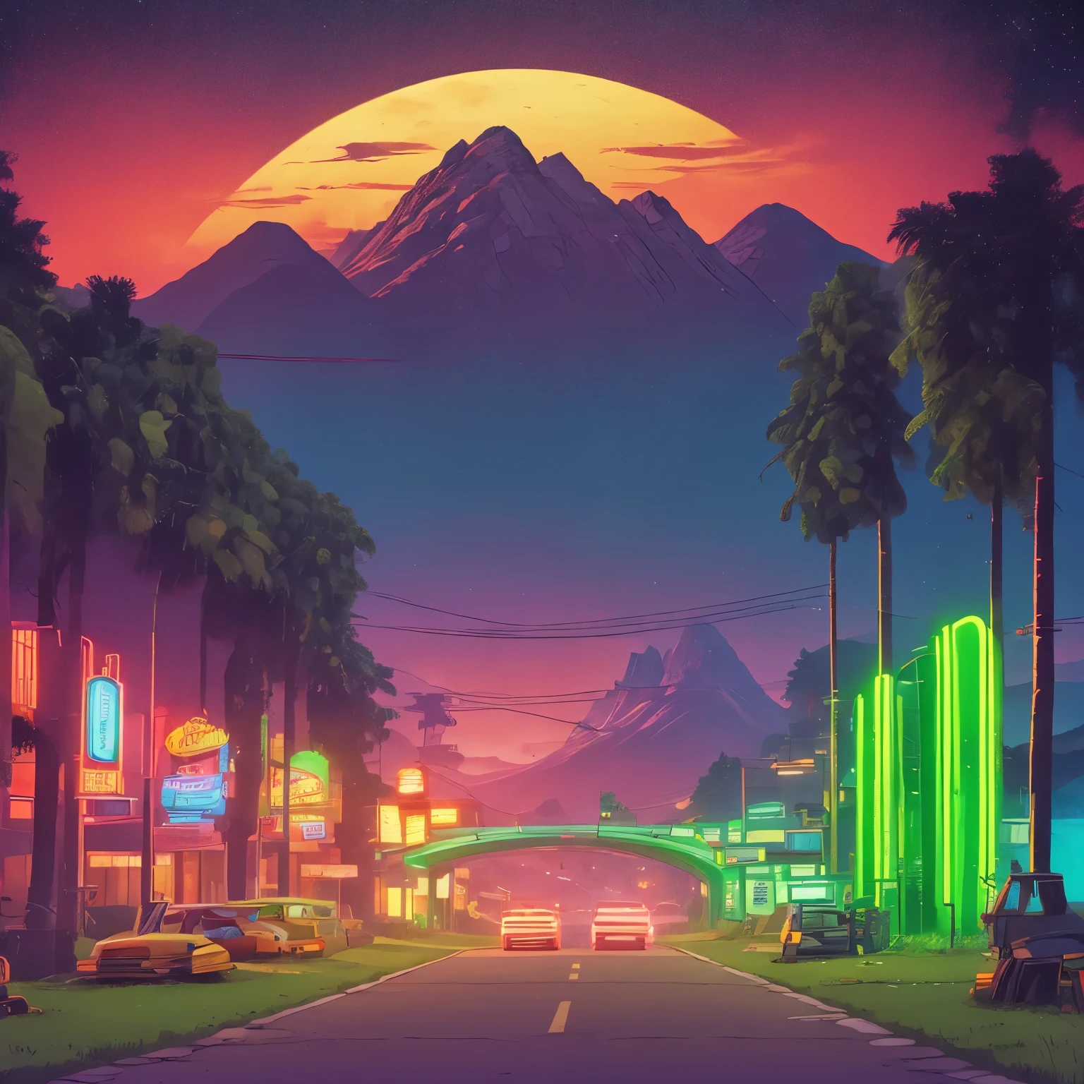 Good Retro Wave, road, nature, live mushrooms, red and yellow and green neon lights, Sun, mountain, night sky, futuristic, (masterpiece, ultra detailed, a high resolution)