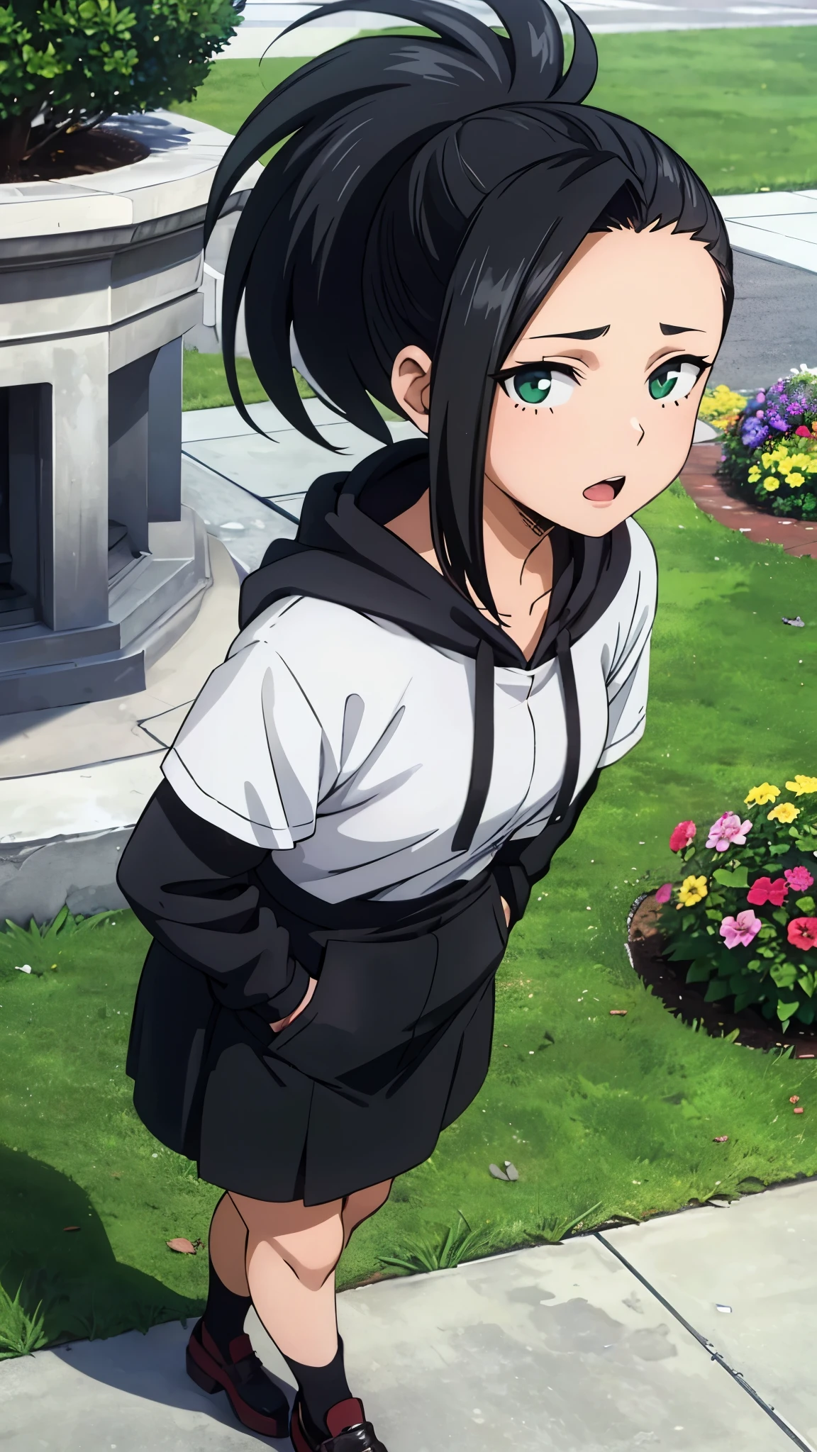 masterpiece, best quality, yaoyorozu momo, 1girl, closeup, black eyes, black hair,  ponytail, long hair, hair pulled back, , solo, looking at viewer, dress, ((masterpiece, best quality, high quality)) flowers, shiny pillars, shiny butterflies, magical shiny garden, 1girl, solo, looking at the viewer, happy open mouth, black bear hoody,  green eyes, falling flowerpetals, standing 