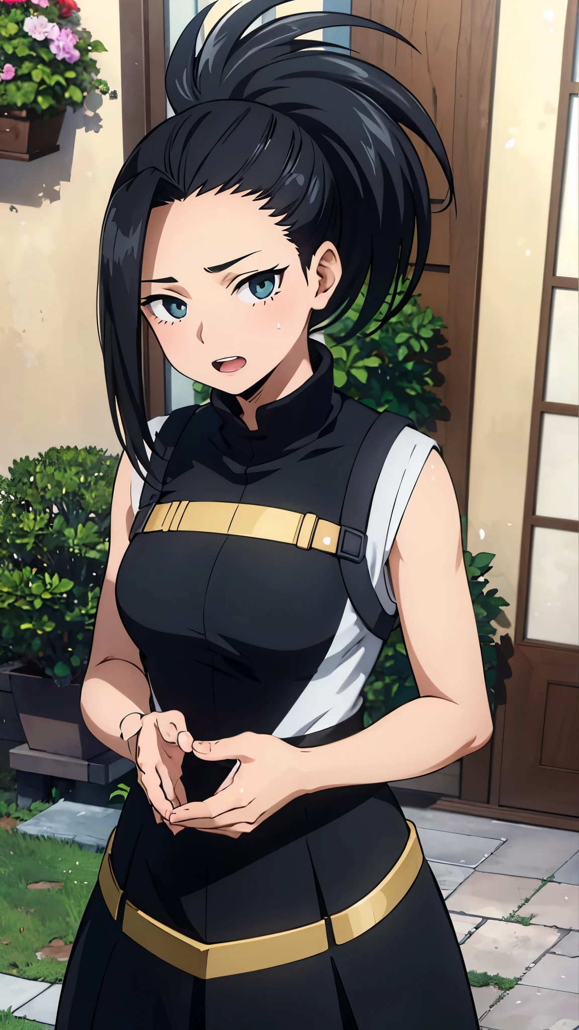 masterpiece, best quality, yaoyorozu momo, 1girl, closeup, black eyes, black hair,  ponytail, long hair, hair pulled back, , solo, looking at viewer, dress, ((masterpiece, best quality, high quality)) flowers, shiny pillars, shiny butterflies, magical shiny garden, 1girl, solo, looking at the viewer, happy open mouth, black bear hoody,  green eyes, falling flowerpetals, standing 