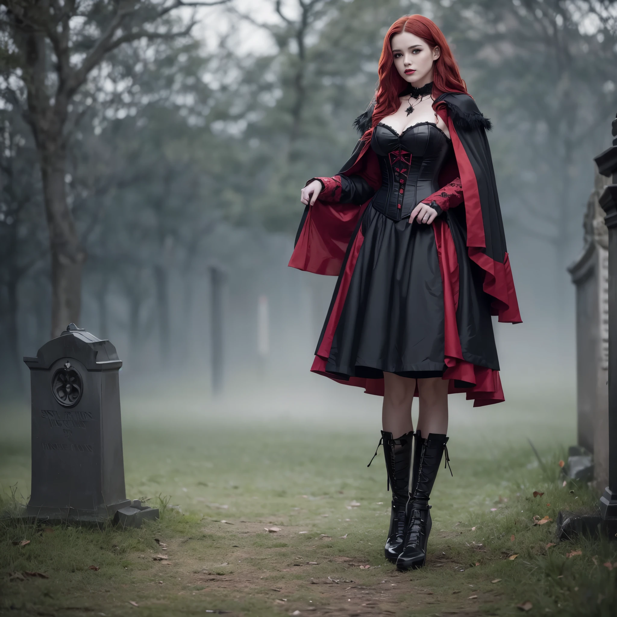Beautiful 20 year old woman with short messy wavy red hair wearing a red and black corset and black cloak with gothic qualities, standing in a cemetery at night with fog holding an old style lantern, red lipstick, realistc skin texture, cross neckless, looking at camera, Gothic Art, photo realistic, 8k