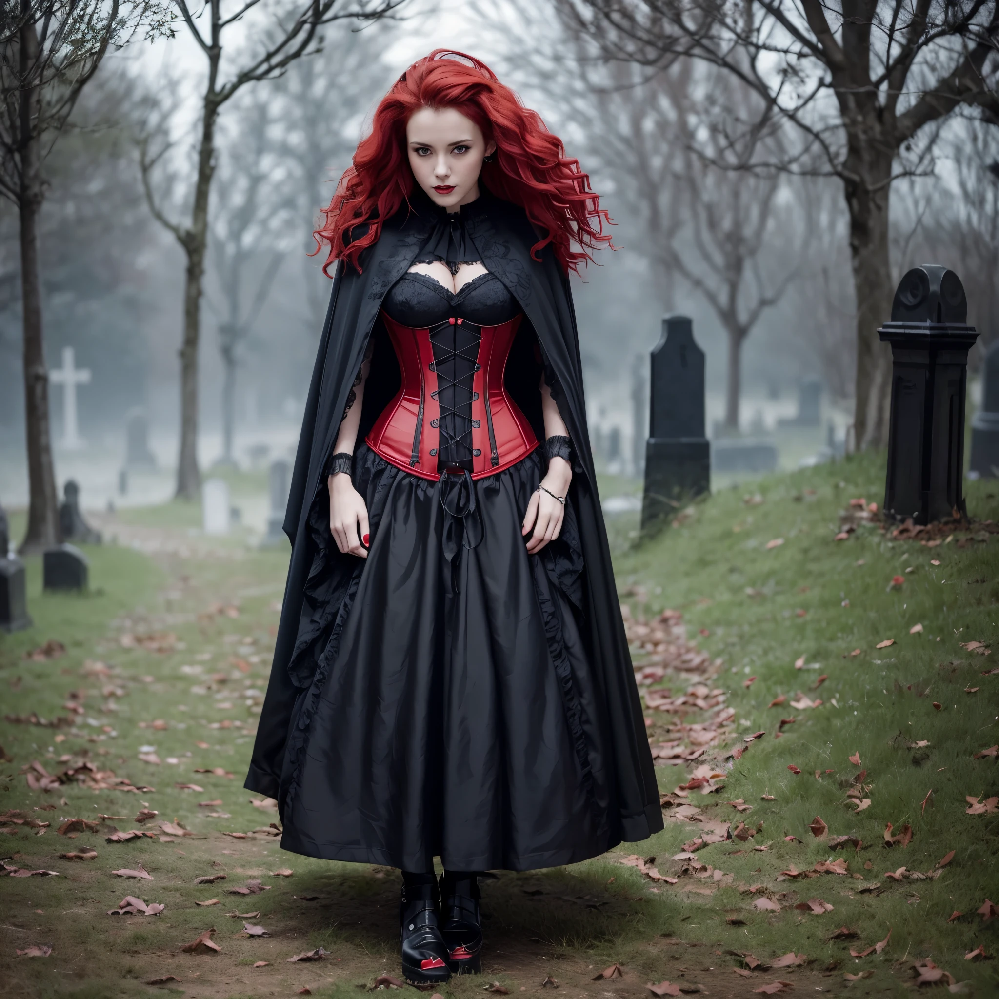 Beautiful 20 year old woman with short messy wavy red hair wearing a red and black corset and black cloak with gothic qualities, standing in a cemetery at night with fog holding an old style lantern, red lipstick, realistc skin texture, cross neckless, looking at camera, Gothic Art, photo realistic, 8k