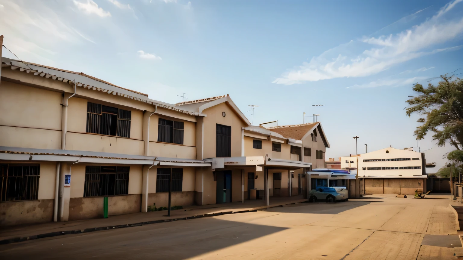 Craft a 4K hyper-realistic image of the  outside view of a hospital in an african town