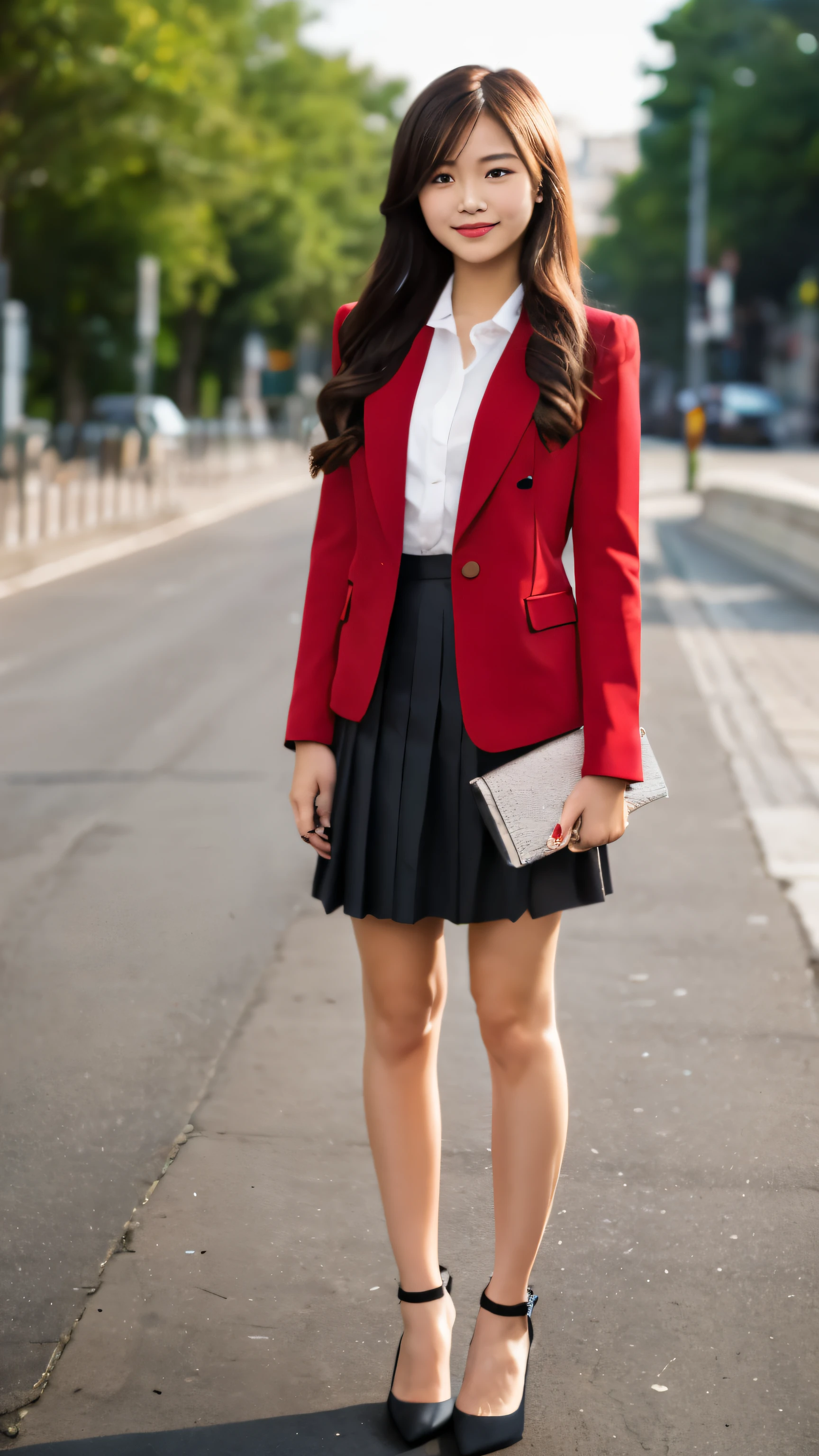 Full-body high-resolution image,Representative works, Highest image quality, 1girl, (While watching)), chestnut hair, Maroon eyes, long hair, Red Blazer, white shirt, red skirt, 163cm, facial details, 18-year-old, solo, long legs, smile, beautiful girl, High school girl beauty contest grand prize model