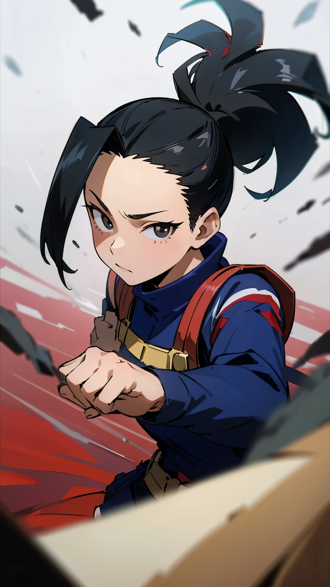 masterpiece, best quality, yaoyorozu momo, 1girl, closeup, black eyes, black hair,  ponytail, long hair, hair pulled back, , solo, looking at viewer, fighting 