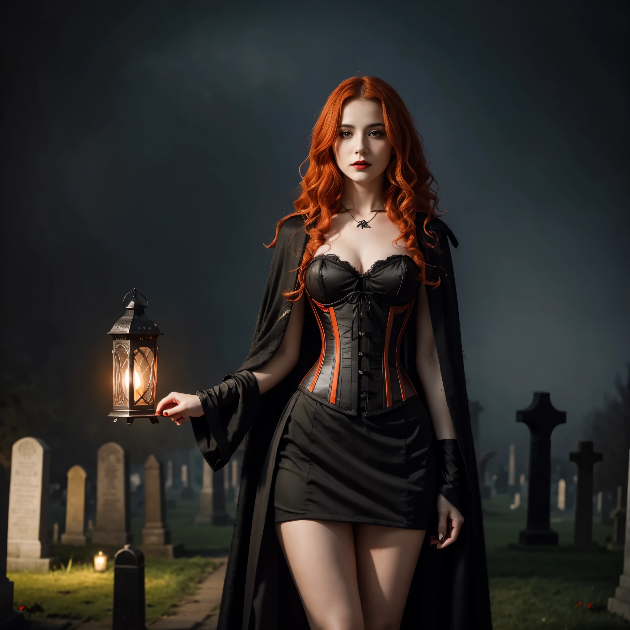 Beautiful 20 year old woman with short messy wavy light orange hair wearing a red and black corset and black cloak with gothic qualities, standing in a cemetery at night with fog holding an old style lantern, red lipstick, realistc skin texture, cross neckless, looking at camera, Gothic Art, photo realistic, 8k