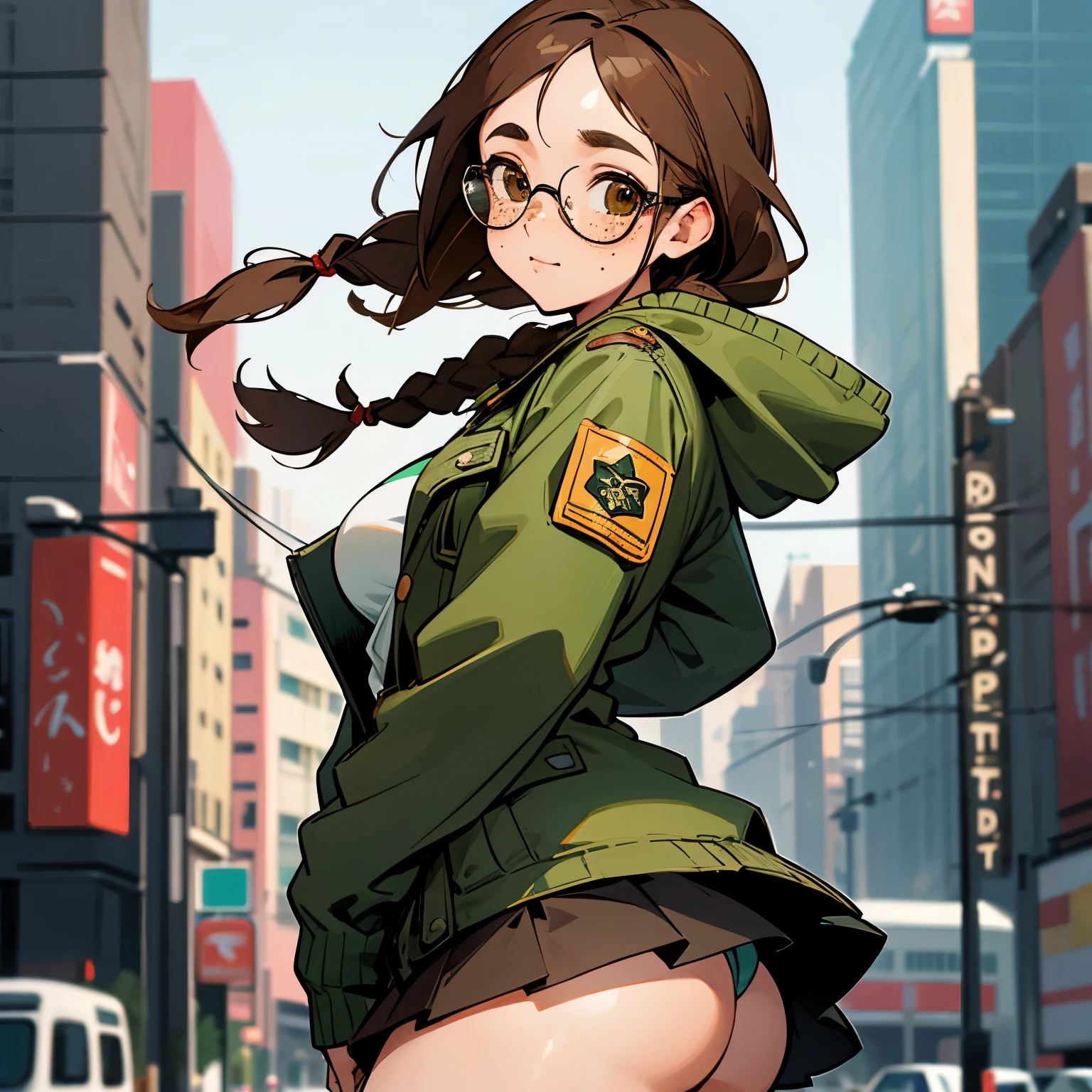 1girl, detailed face, detailed eyes, brown hair, twin braids, brown eyes, glasses, (freckles;1.5), large breasts, large ass, green jacket, miniskirt, outdoors, city