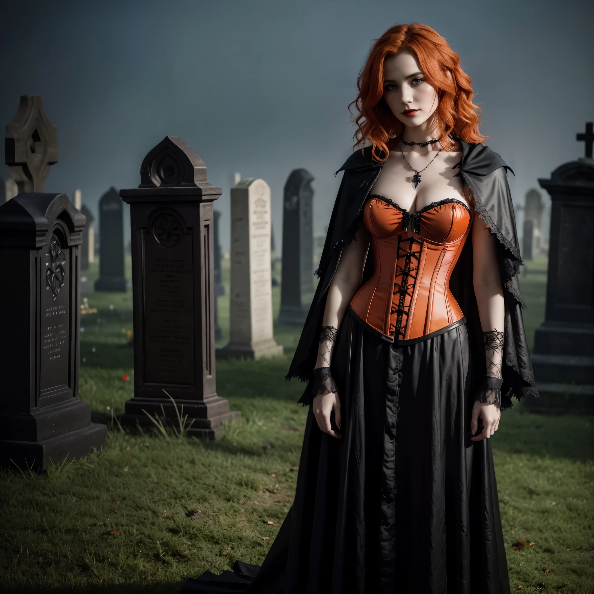 Beautiful 20 year old woman with short messy wavy light orange hair wearing a red and black corset and black cloak with gothic qualities, standing in a cemetery at night with fog holding an old style lantern, red lipstick, realistc skin texture, cross neckless, looking at camera, Gothic Art, photo realistic, 8k