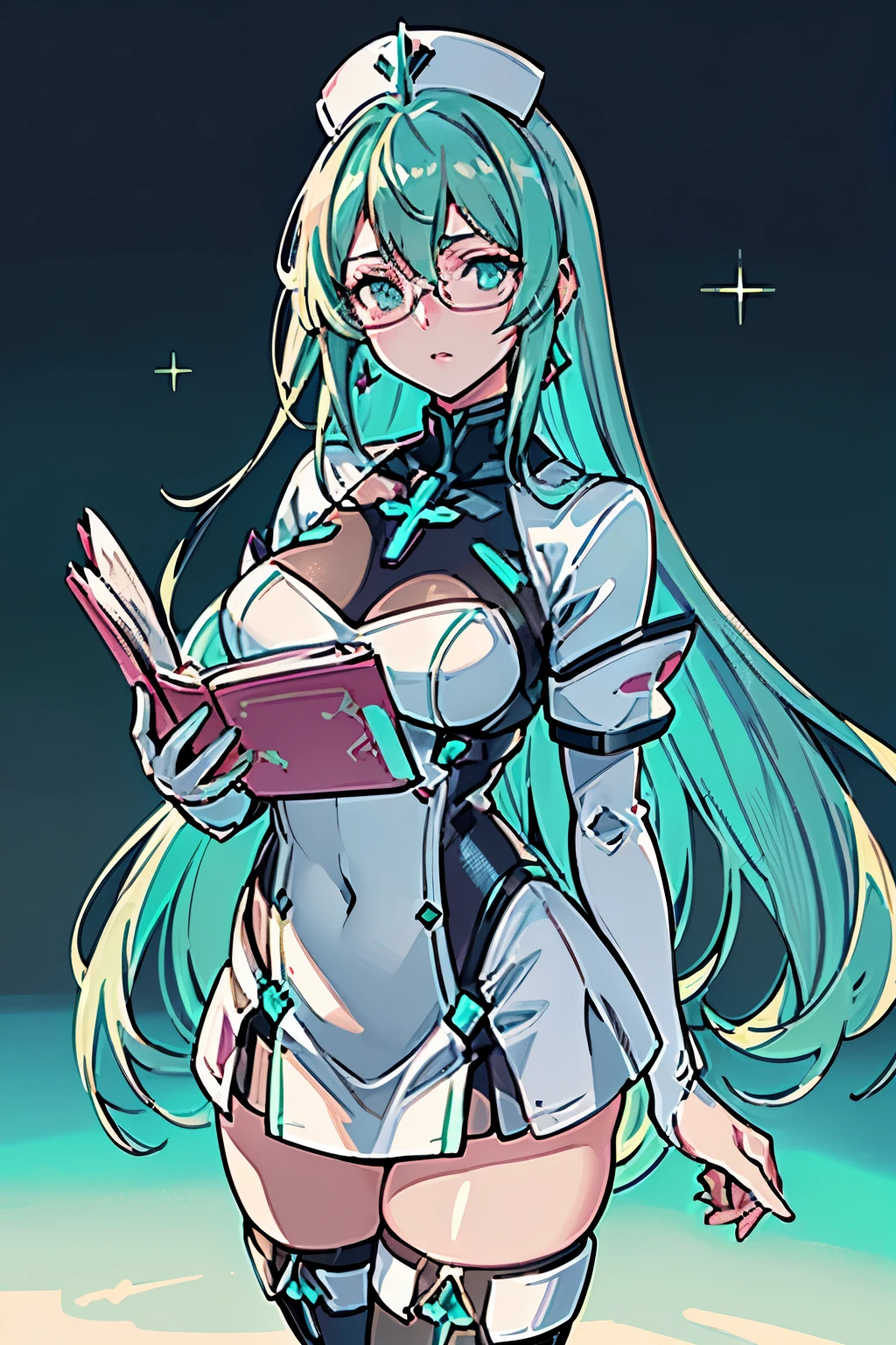 Anime, Girl, (((1girl))), (((Waifu, Xenoblade Chronicles 2, Pneuma Waifu))), (((Seafoam Green Hair, Long Hair))), ((Seafoam Green Eyes eyes:1.3, Upturned Eyes: 1, Perfect Eyes, Beautiful Detailed Eyes, Gradient eyes: 1, Finely Detailed Beautiful Eyes: 1, Symmetrical Eyes: 1, Big Highlight On Eyes: 1.2)), (((Lustrous Skin: 1.5, Bright Skin: 1.5, Skin Fair, Shiny Skin, Very Shiny Skin, Shiny Body, Plastic Glitter Skin, Exaggerated Shiny Skin, Illuminated Skin))), (Detailed Body, (Detailed Face)), Young, Idol Pose, (Best Quality), ((((Techwear))), (((Nurse Outfit))), (((Thigh-high Heeled Boots))), (((Reading Glasses))), (((Earrings)))), High Resolution, Sharp Focus, Ultra Detailed, Extremely Detailed, Extremely High Quality Artwork, (Realistic, Photorealistic: 1.37), 8k_Wallpaper, (Extremely Detailed CG 8k), (Very Fine 8K CG), ((Hyper Super Ultra Detailed Perfect Piece)), (((Flawlessmasterpiece))), Illustration, Vibrant Colors, (Intricate), High Contrast, Selective Lighting, Double Exposure, HDR (High Dynamic Range), Post-processing, Background Blur