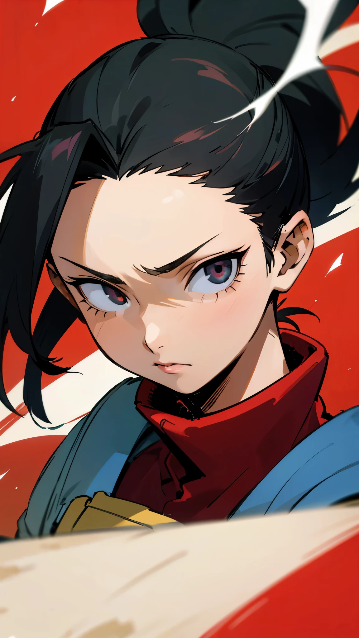 masterpiece, best quality, yaoyorozu momo, 1girl, closeup, black eyes, black hair,  ponytail, long hair, hair pulled back, , solo, looking at viewer, fighting 