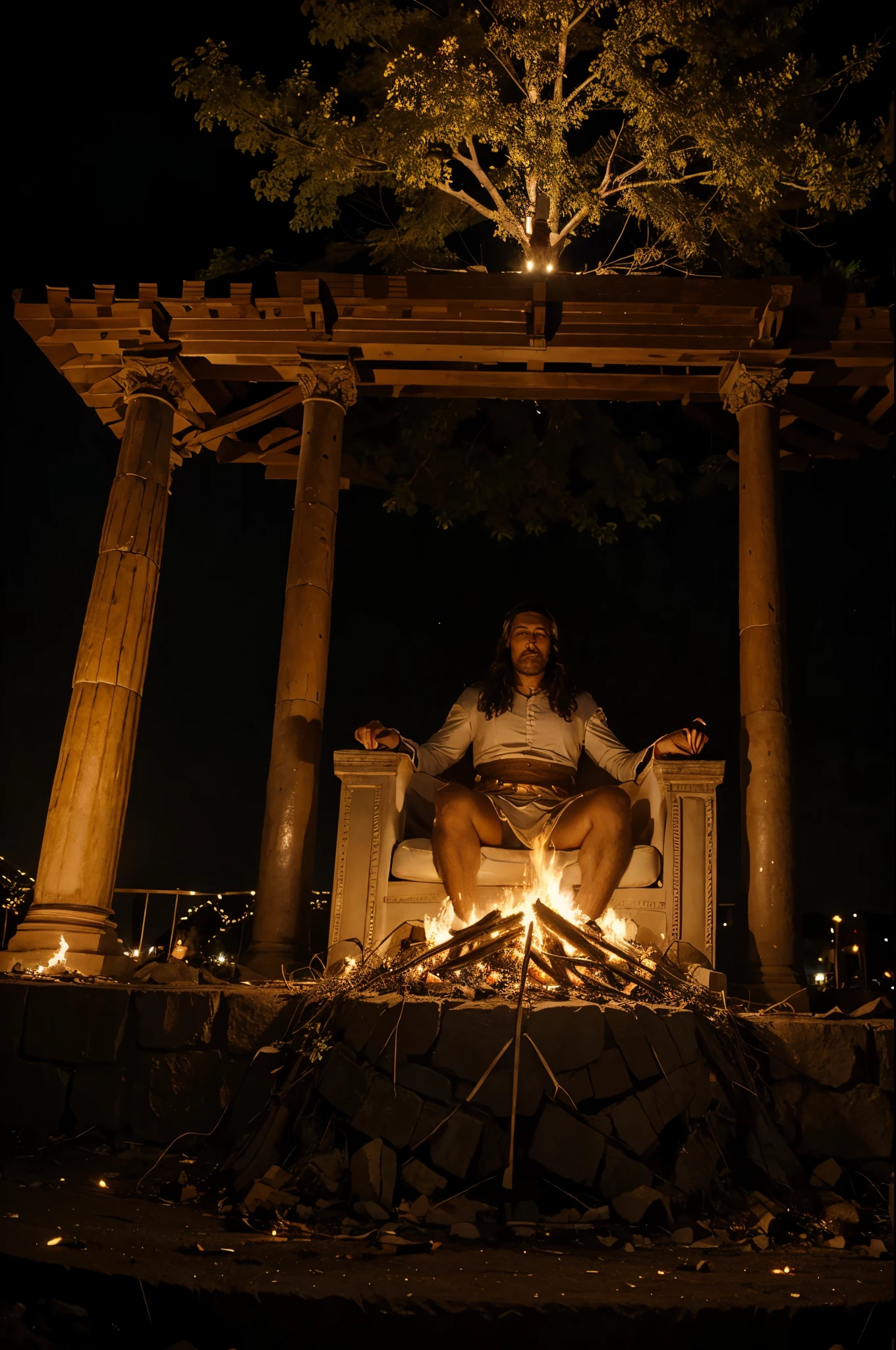 king solomon, top of the mountain, great bonfire of sacrifices, sacrifices to god, big tree, realistic lights, cinematic, realistic, white corset, photo, top of the mountain