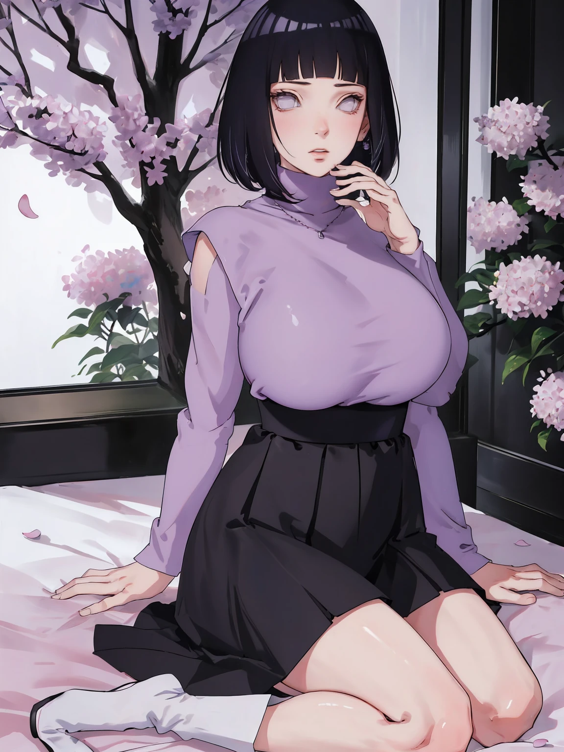 { - anatomy error} (Masterpiece - Ultra-detailed, very high resolution) (huge titusty, masterpiece, absurdres, hinata\(boruto\), 1girl, solo,mature female, lilac turtleneck blouse, high waist black long skirt, looking at viewelling petals), perfect composition, detailed lips, big breast, beautiful face, body propotion, blush, (pink lips), short hair, (black hair), purple eyes, soft gaze, super realistic, detailed, photoshoot, realistic face and body, closed mouth , lilac eyes, full body, sitting on the floor , back boots, hidden hands, perfect fingers, inocent face