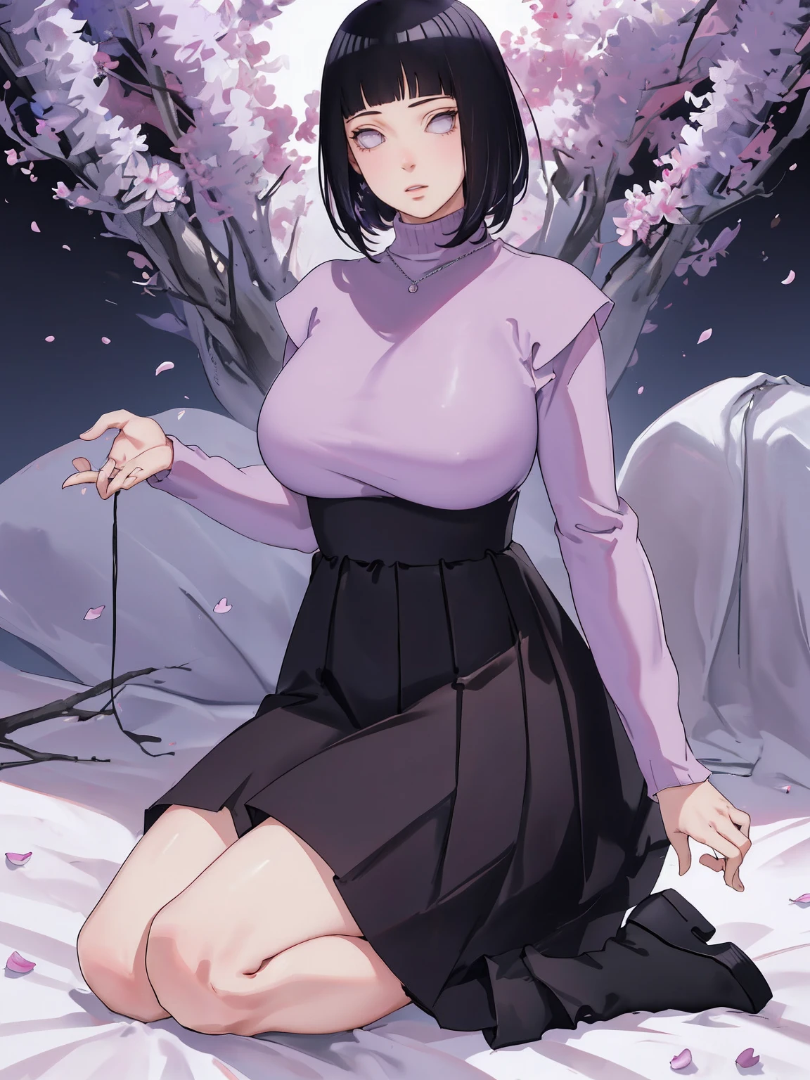{ - anatomy error} (Masterpiece - Ultra-detailed, very high resolution) (huge titusty, masterpiece, absurdres, hinata\(boruto\), 1girl, solo,mature female, lilac turtleneck blouse, high waist black long skirt, looking at viewelling petals), perfect composition, detailed lips, big breast, beautiful face, body propotion, blush, (pink lips), short hair, (black hair), purple eyes, soft gaze, super realistic, detailed, photoshoot, realistic face and body, closed mouth , lilac eyes, full body, sitting on the floor , back boots, hidden hands, perfect fingers, inocent face