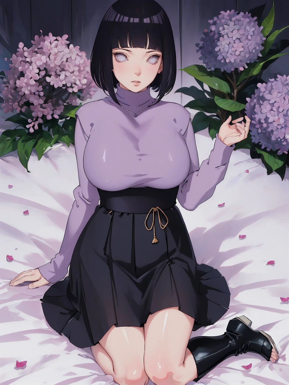 { - anatomy error} (Masterpiece - Ultra-detailed, very high resolution) (huge titusty, masterpiece, absurdres, hinata\(boruto\), 1girl, solo,mature female, lilac turtleneck blouse, high waist black long skirt, looking at viewelling petals), perfect composition, detailed lips, big breast, beautiful face, body propotion, blush, (pink lips), short hair, (black hair), purple eyes, soft gaze, super realistic, detailed, photoshoot, realistic face and body, closed mouth , lilac eyes, full body, sitting on the floor , back boots, hidden hands, perfect fingers, inocent face