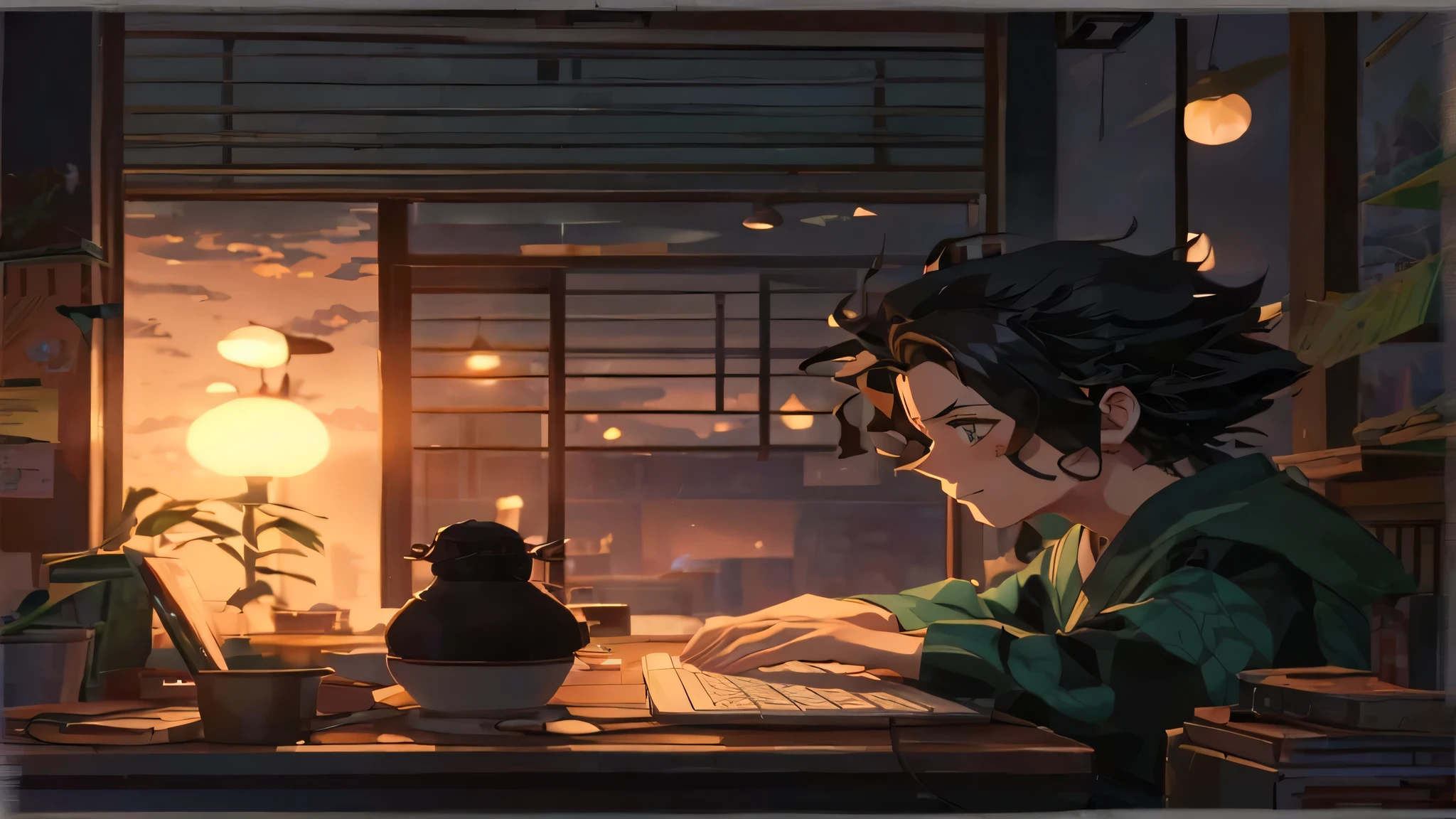 Crie uma imagem inspirada no personagem Tanjiro Kamado de Kimetsu no Yaiba, who is sitting at a table with two computer monitors, um teclado, E um rato. A cena deve ter um ambiente estilo lo-fi, com detalhes enfatizando calma e aconchego. Adicione elementos como luzes suaves, tons terrosos, and vintage items to create a pleasant and relaxing setting, complementando a personalidade do personagem. Consider including a coffee cup and other details that evoke the lo-fi atmosphere.