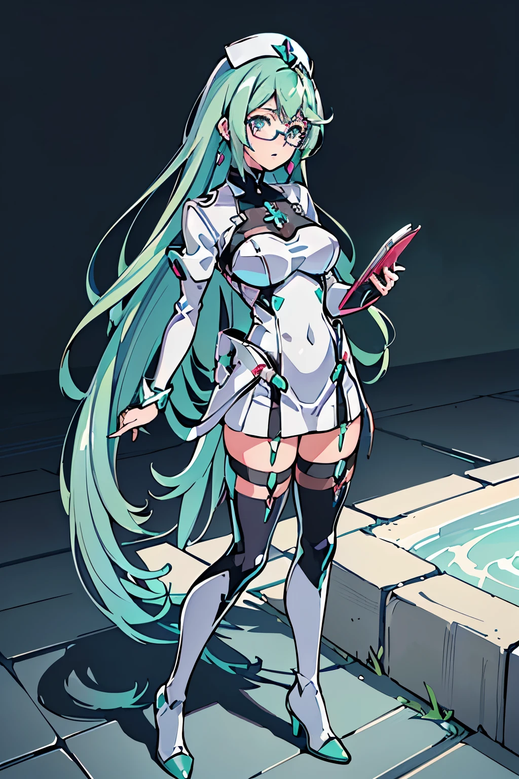 Anime, Girl, (((1girl))), (((Waifu, Xenoblade Chronicles 2, Pneuma Waifu))), (((Seafoam Green Hair, Long Hair))), ((Seafoam Green Eyes eyes:1.3, Upturned Eyes: 1, Perfect Eyes, Beautiful Detailed Eyes, Gradient eyes: 1, Finely Detailed Beautiful Eyes: 1, Symmetrical Eyes: 1, Big Highlight On Eyes: 1.2)), (((Lustrous Skin: 1.5, Bright Skin: 1.5, Skin Fair, Shiny Skin, Very Shiny Skin, Shiny Body, Plastic Glitter Skin, Exaggerated Shiny Skin, Illuminated Skin))), (Detailed Body, (Detailed Face)), Young, Idol Pose, (Best Quality), ((((Techwear))), (((Nurse Outfit))), (((Thigh-high Heeled Boots))), (((Reading Glasses))), (((Earrings)))), High Resolution, Sharp Focus, Ultra Detailed, Extremely Detailed, Extremely High Quality Artwork, (Realistic, Photorealistic: 1.37), 8k_Wallpaper, (Extremely Detailed CG 8k), (Very Fine 8K CG), ((Hyper Super Ultra Detailed Perfect Piece)), (((Flawlessmasterpiece))), Illustration, Vibrant Colors, (Intricate), High Contrast, Selective Lighting, Double Exposure, HDR (High Dynamic Range), Post-processing, Background Blur