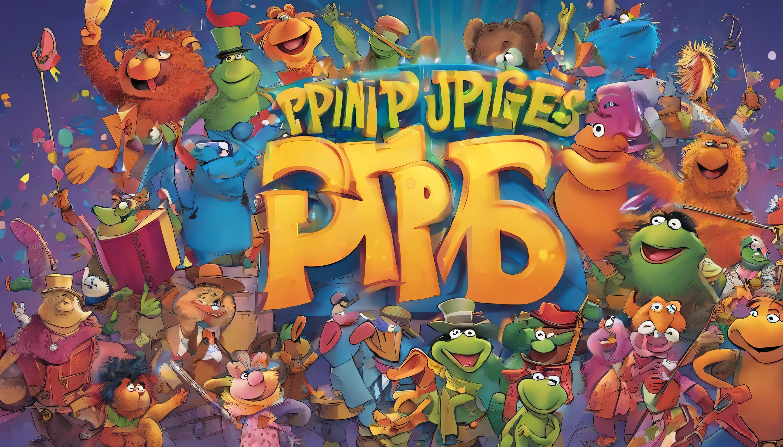 Pippin and the Muppets form a joyful ensemble, singing catchy tunes and dancing in harmony. The stage is filled with vibrant colors, and musical notes and confetti add to the festive atmosphere. Imaginative props like oversized musical instruments enhance the whimsical performance.