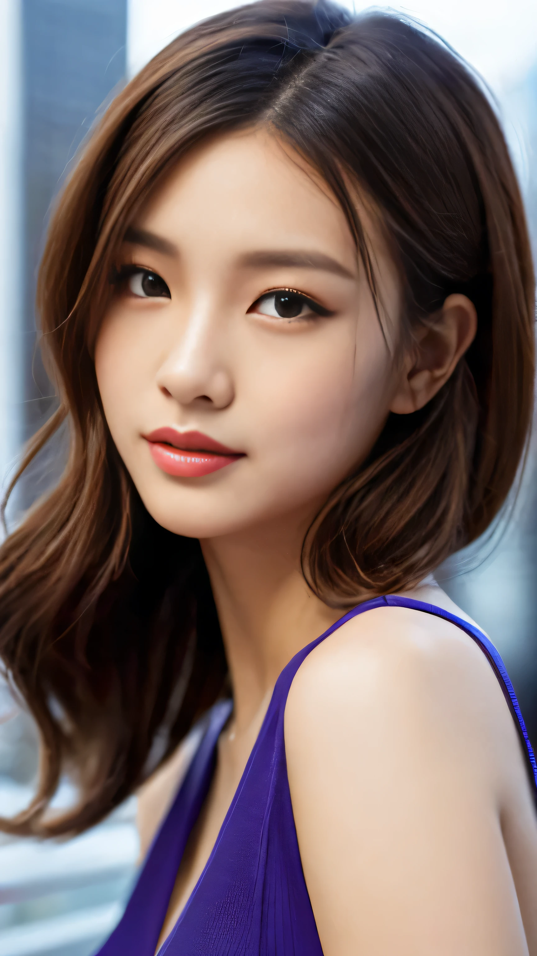 High-definition images、A woman with wavy chestnut hair and purple eyes、White futuristic armor、blush、eye shadow、かわいいfacial details、High-definition sculpture of the whole body、facial details、futuristic cityscape