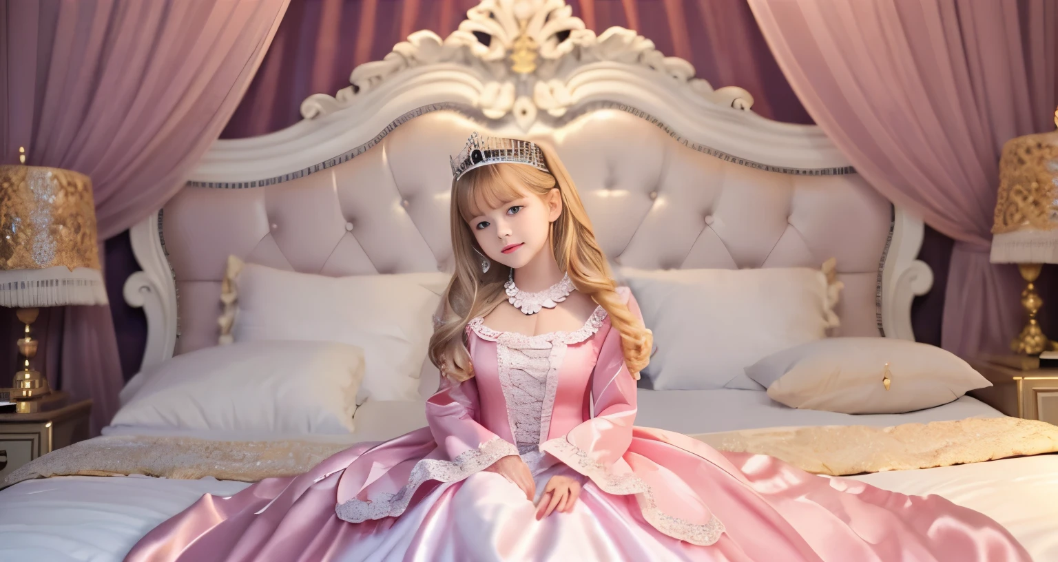 ,highest quality, masterpiece, highest resolution, artwork, super それにget used to it, many get used to it, get used to it, それにget used to it, 3K realistic photos,,(( When I was )),Super detailed baby face,She is a princess,Full length ball gown dress with hoop skirt,ruffled yoke collar,puff sleeves,long sleeve,((Lolita style pink detailed princess satin dress、Comes with lots of frills and ribbons。)),colorful rococo fashion,shiny satin dress,Soft and smooth fabric,luxury,long blonde hair,blue eyes,white skin european,pajamas,((inside the palace)),,,(( When I was 10 years old)),Sd baby face,Full length ball gown dress with hoop skirt,long skirt,ruffled yoke collar,puff sleeves,腰まで伸びるlong blonde hair,blue eyes,white skin european,pajamas,((inside the palace bedroom)),ピンクのシルクサテンのluxuryなcanopy bedの上,canopy bed,luxurious curtains under the canopy,many frilly pillows on the bed,super detailed background,Detailed bed,silk satin bed sheets,soft silk satin comforter,Soft silk satin ruffled pillow in pastel colors,romantic atmosphere,little princess is sitting on the bed,Don'Don't put your feet out to the side,Beautiful girl illustration,detailed beautiful face detailed hair,detailed human eye ,detailed mouth, arm details,fine hands,Detailed pillow,