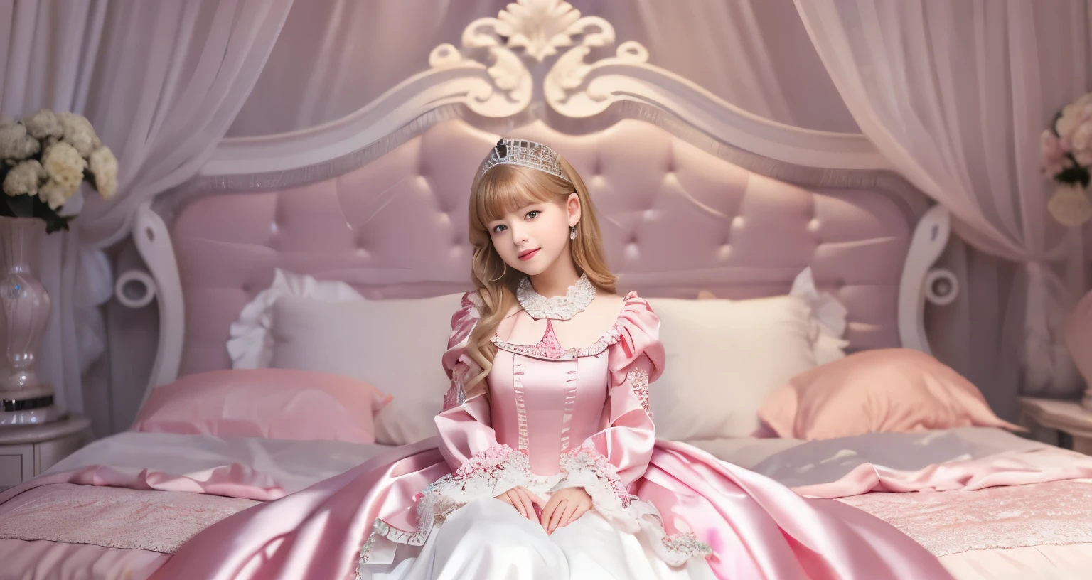 ,highest quality, masterpiece, highest resolution, artwork, super それにget used to it, many get used to it, get used to it, それにget used to it, 3K realistic photos,,(( When I was 10 years old)),Super detailed baby face,She is a princess,Full length ball gown dress with hoop skirt,ruffled yoke collar,puff sleeves,long sleeve,((Lolita style hot pink detailed princess satin dress、Comes with lots of frills and ribbons。)),colorful rococo fashion,shiny satin dress,Soft and smooth fabric,luxury,long blonde hair,blue eyes,white skin european,pajamas,((inside the palace)),,,(( When I was 10 years old)),Super detailed baby face,Full length ball gown dress with hoop skirt,long skirt,ruffled yoke collar,puff sleeves,腰まで伸びるlong blonde hair,blue eyes,white skin european,pajamas,((inside the palace bedroom)),ピンクのシルクサテンのluxuryなcanopy bedの上,canopy bed,luxurious curtains under the canopy,many frilly pillows on the bed,super detailed background,Detailed bed,silk satin bed sheets,soft silk satin comforter,Soft silk satin ruffled pillow in pastel colors,romantic atmosphere,little princess is sitting on the bed,Don&#39;Don&#39;t put your feet out to the side,Beautiful girl illustration,detailed beautiful face detailed hair,detailed human eye ,detailed mouth, arm details,fine hands,Detailed pillow,