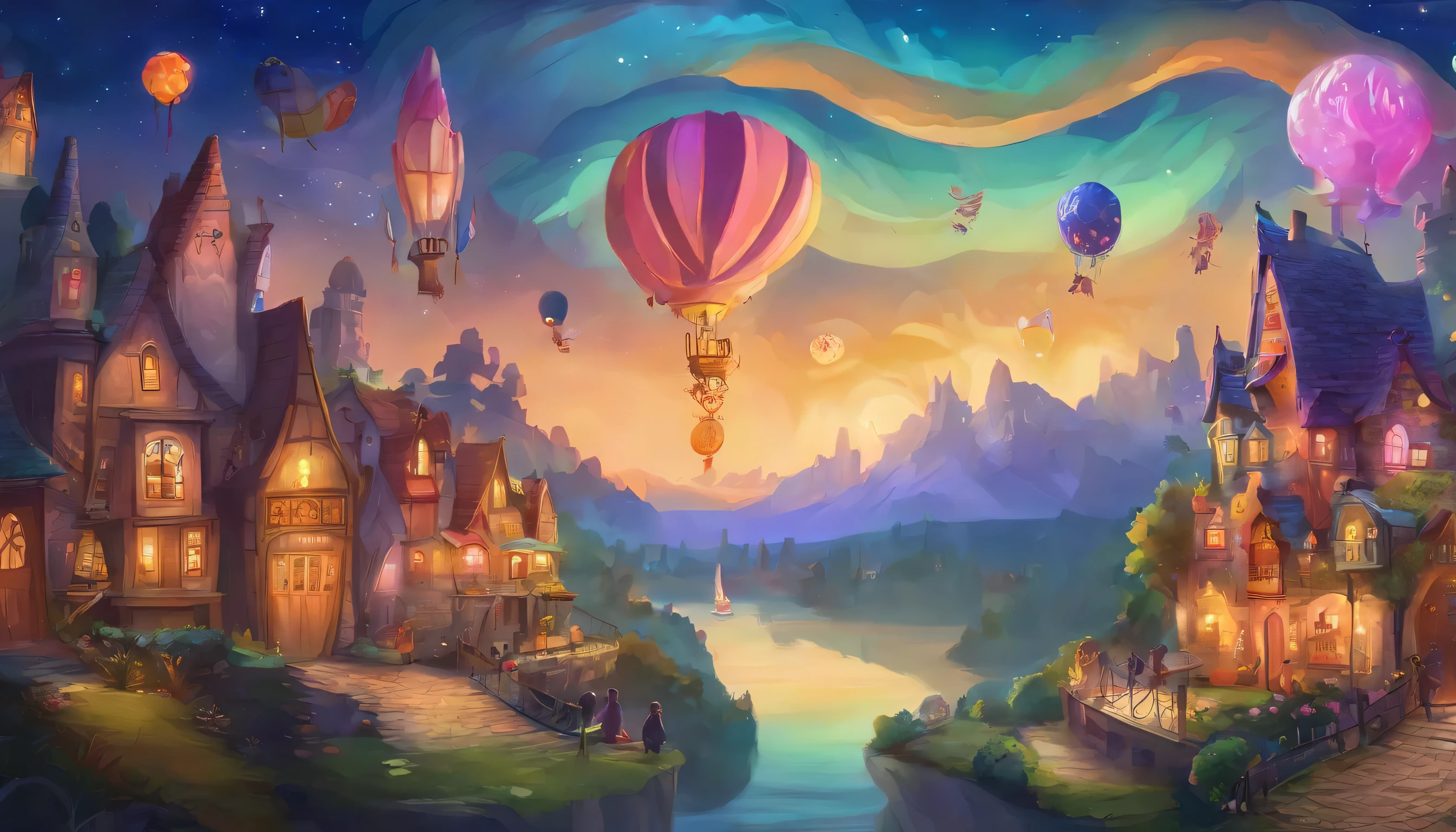 Puppetville is a charming town with colorful buildings and friendly puppet characters. The theater is a magical place with bright lights, inviting curtains, and a lively atmosphere. Imaginative decorations like oversized buttons and giant fabric flowers adorn the town, creating a whimsical setting.