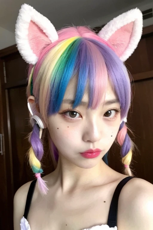 rainbow hair, ponytail, hairclip, hair ribbon, hair bow, maid headdress, goggles, mole under eye, heart-shaped pupils, cat ear headphones, bored, nipple flash under bra