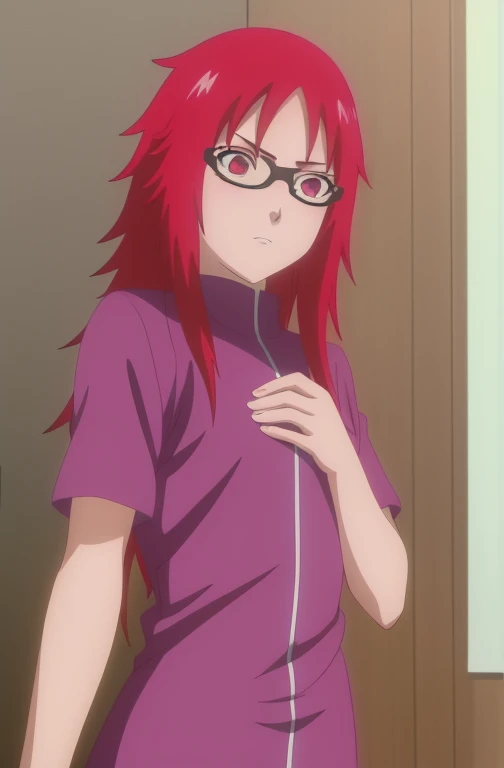 1girl, ((anime screencap)), (flat chest), cute, 21 year old, adult, 8k, masterpiece, absurdres, anime, red hair, red eyes, glasses