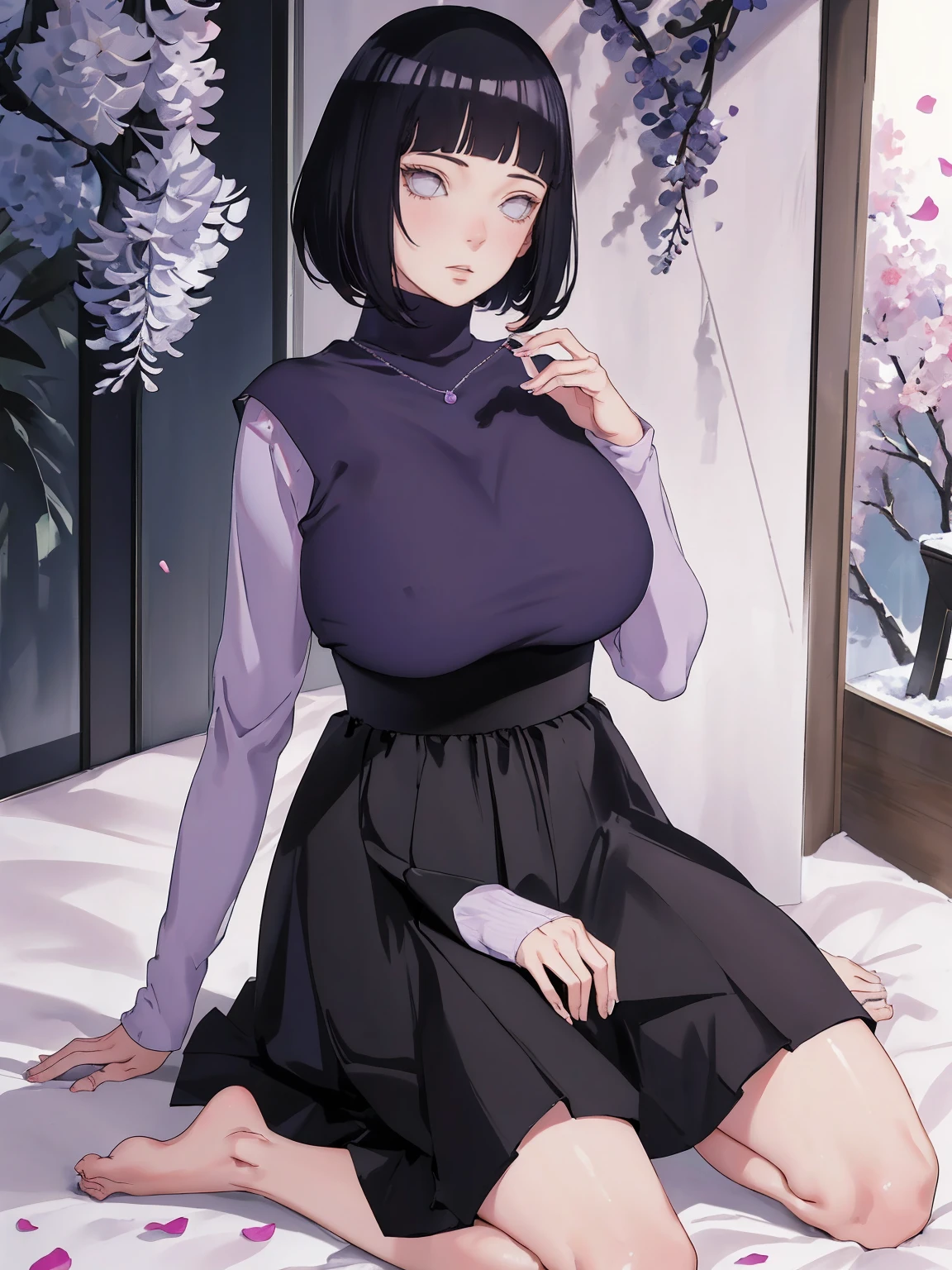 { - anatomy error} (Masterpiece - Ultra-detailed, very high resolution) (huge titusty, masterpiece, absurdres, hinata\(boruto\), 1girl, solo,mature female, lilac turtleneck blouse, high waist black long skirt, looking at viewelling petals), perfect composition, detailed lips, big breast, beautiful face, body propotion, blush, (pink lips), short hair, (black hair), purple eyes, soft gaze, super realistic, detailed, photoshoot, realistic face and body, closed mouth , lilac eyes, full body, sitting on the floor , back boots, hidden hands, perfect fingers, inocent face