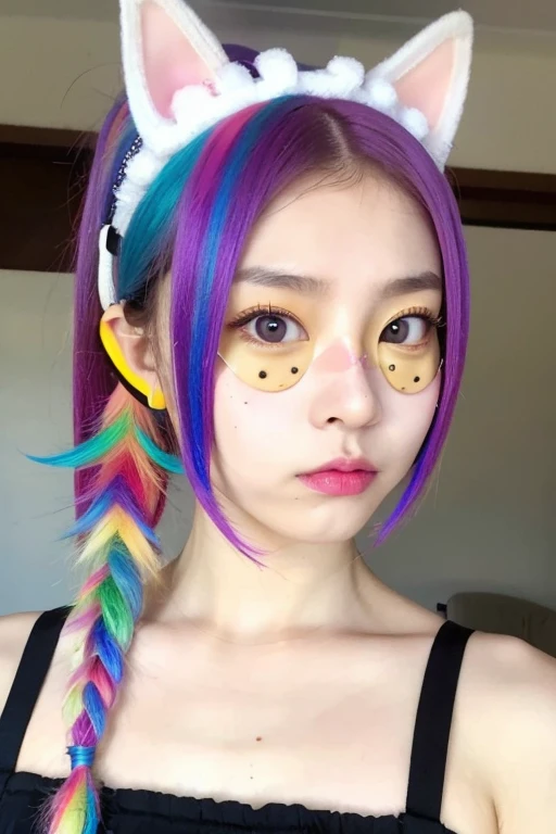 rainbow hair, ponytail, hairclip, hair ribbon, hair bow, maid headdress, goggles, mole under eye, heart-shaped pupils, cat ear headphones, bored, nipple flash under top