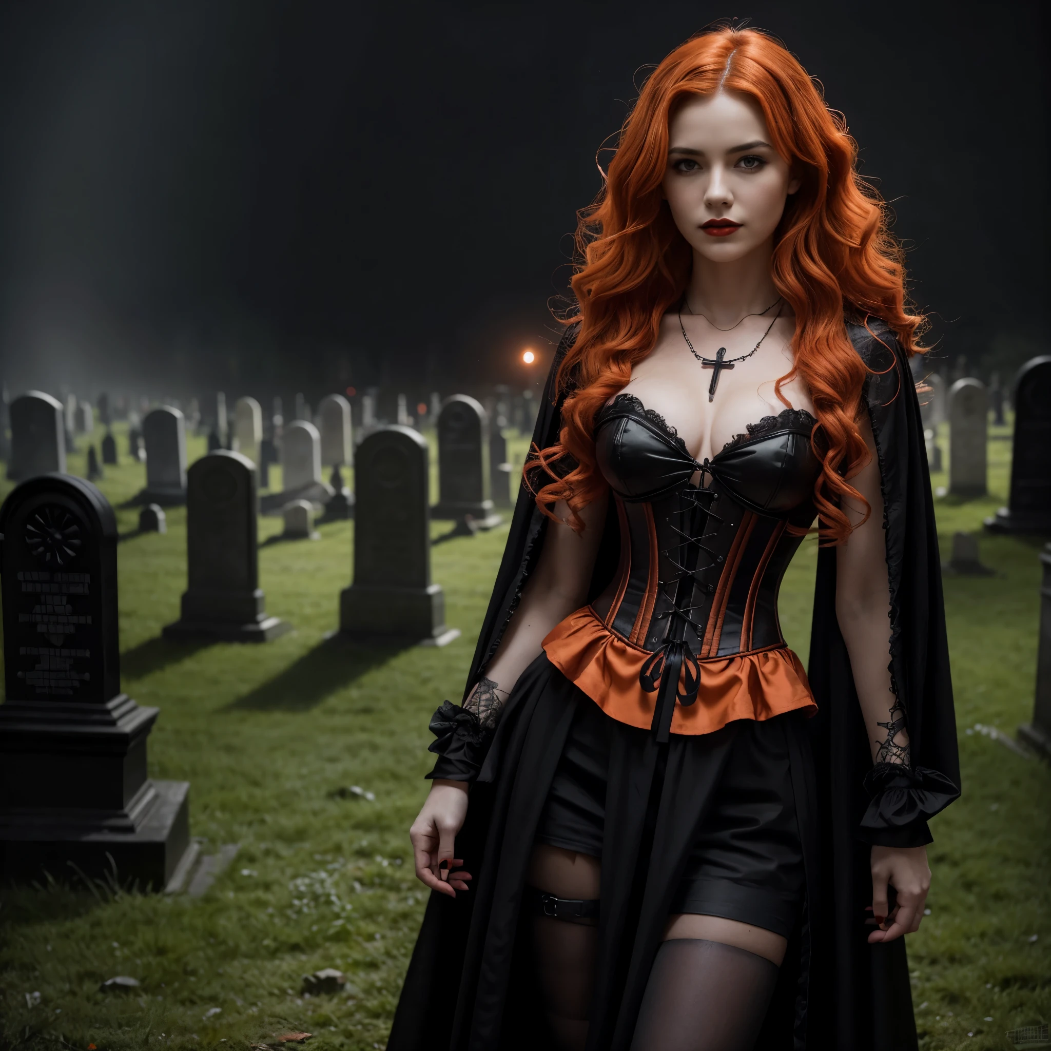 Beautiful 20 year old woman with short messy wavy light orange hair, wearing a red and black corset and black cloak with gothic qualities, standing in a cemetery at night with fog holding an old style lantern, red lipstick, realistic skin texture, cross neckless, looking at camera, Gothic Art, photo realistic, 8k