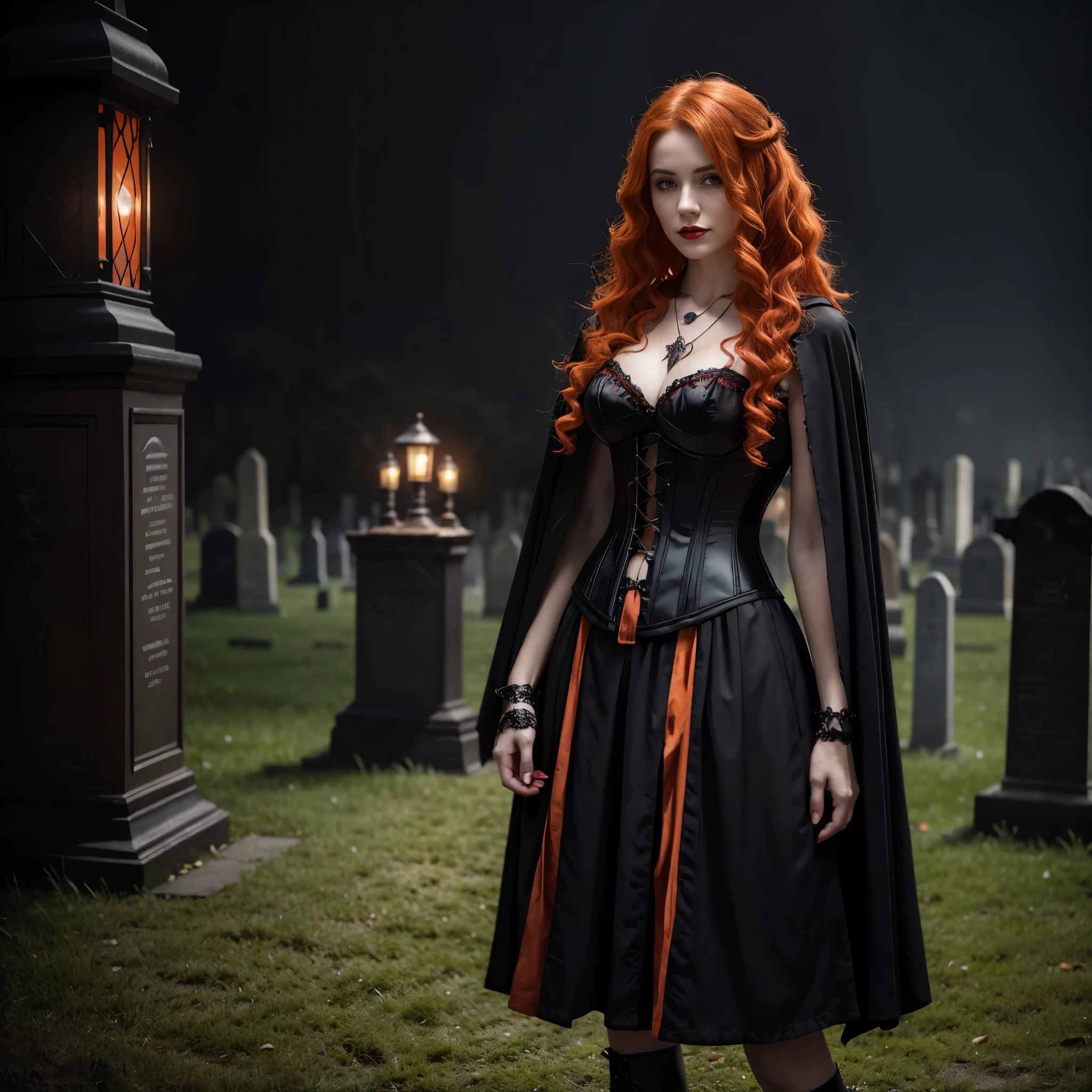 Beautiful 20 year old woman, large tits, with short messy wavy red hair, wearing a red corset with black accents and black cloak, standing in a foggy cemetery at night, (red lipstick:1.5), realistic skin texture, (cross necklace:1.2), (looking at camera:1.3), (Rustic radiance and Gothic Art:1.4), photo realistic, 8k